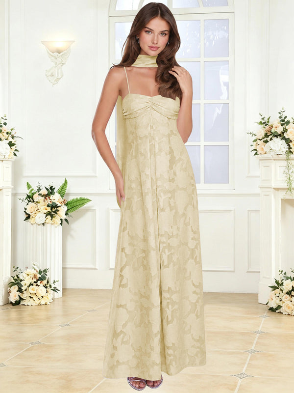 Spaghetti Strap Ruched Floral Jacquard A Line Bridesmaid Dress with Scarf