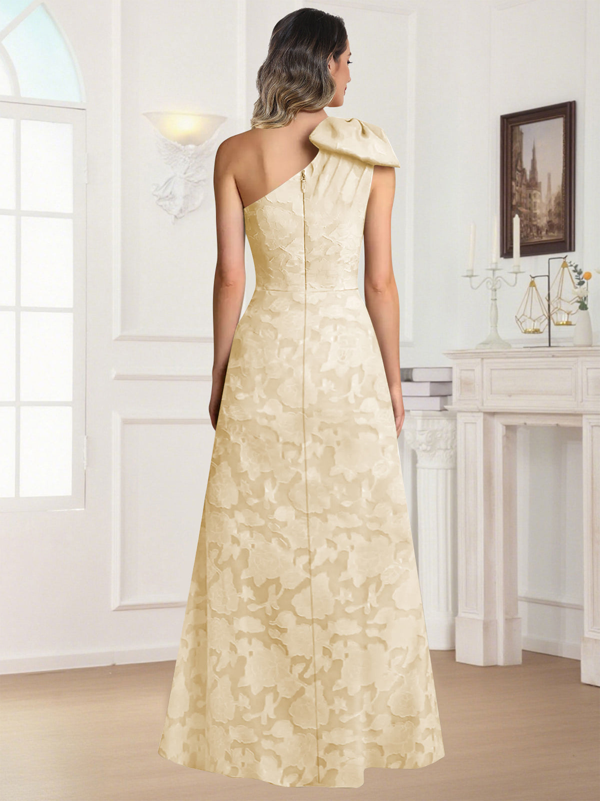 One Shoulder Floral Jacquard Mother of the Bride Dress