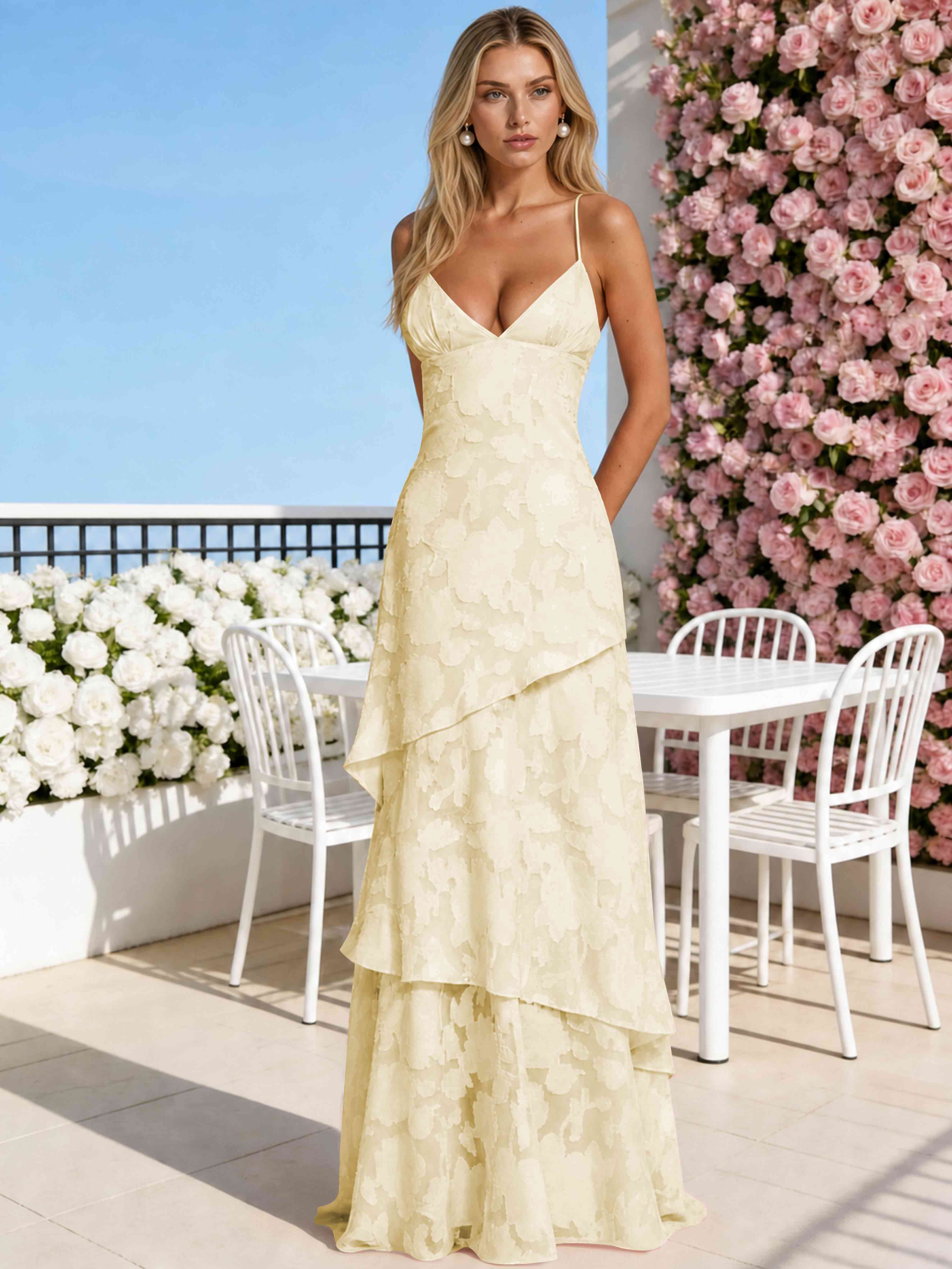 ROVDESY Spaghetti Strap V-Neck Chiffon Jacquard Tiered Ruffle Long Bridesmaid/Prom Dress