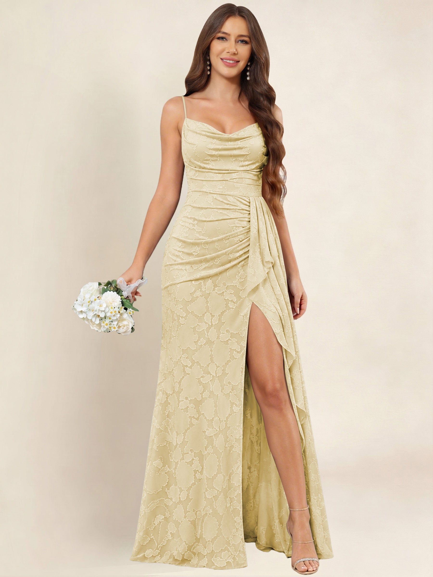 ROVDESY  Cowl Neck Ruffle Mermaid Chiffon Jacquard Bridesmaid/Prom Dress With Slit