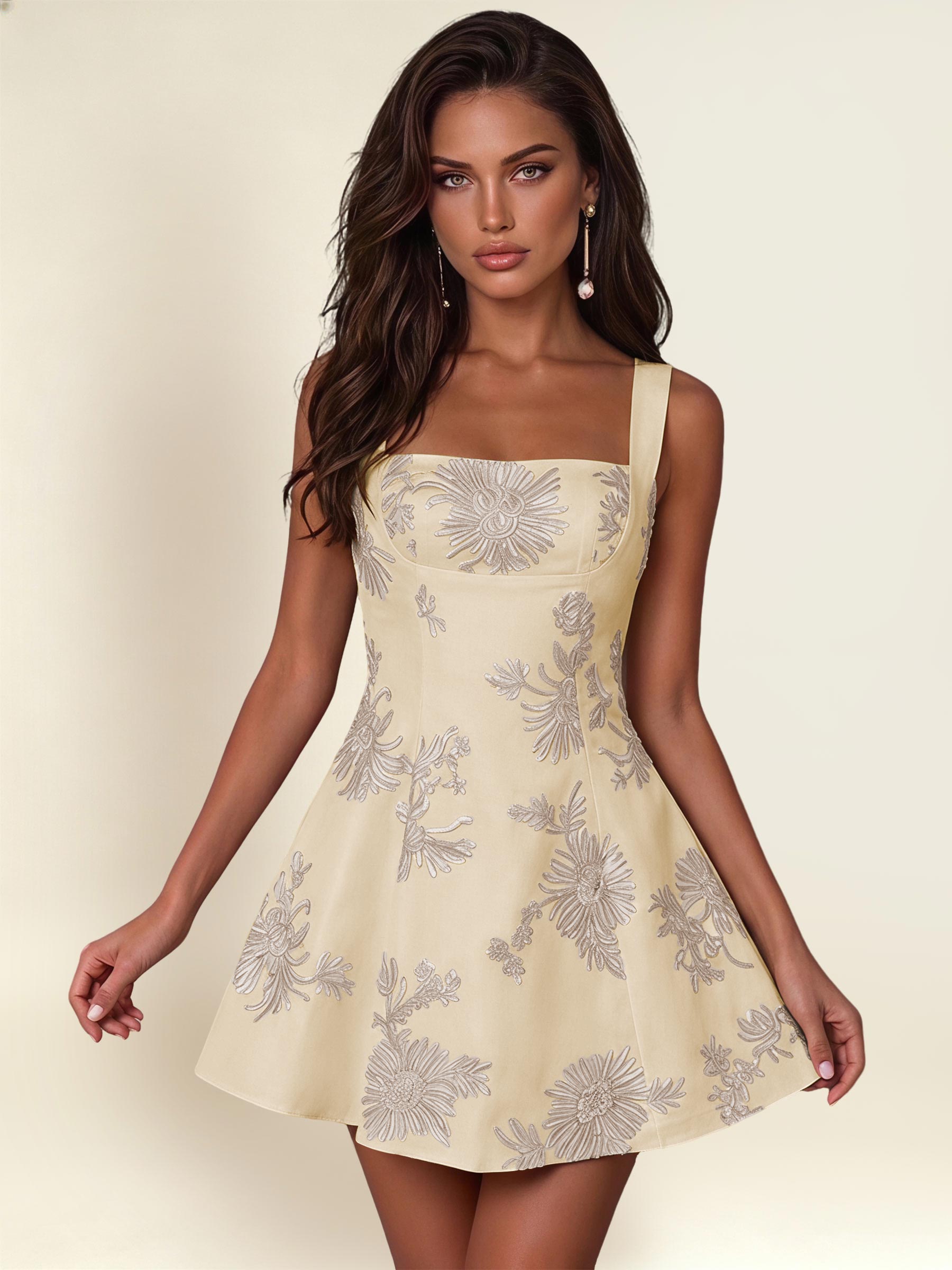 ROVDESY A-Line Square Neck Floral Embroidery Homecoming Mini Dress With Bow
