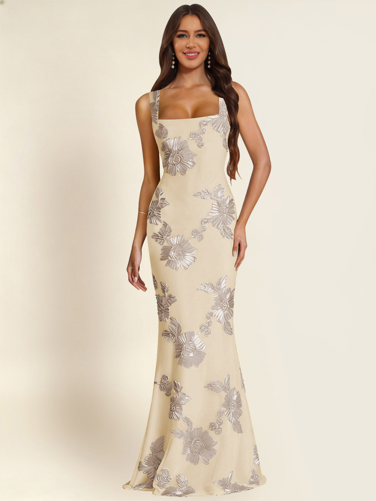 ROVDESY Square Neck Floral Applique Mermaid Long Prom/Bridesmaid Dress