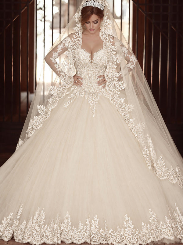 Champagne Off The Shoulder Long Sleeve Lace Appliques Ball Gown Wedding Dress with Cathedral Train