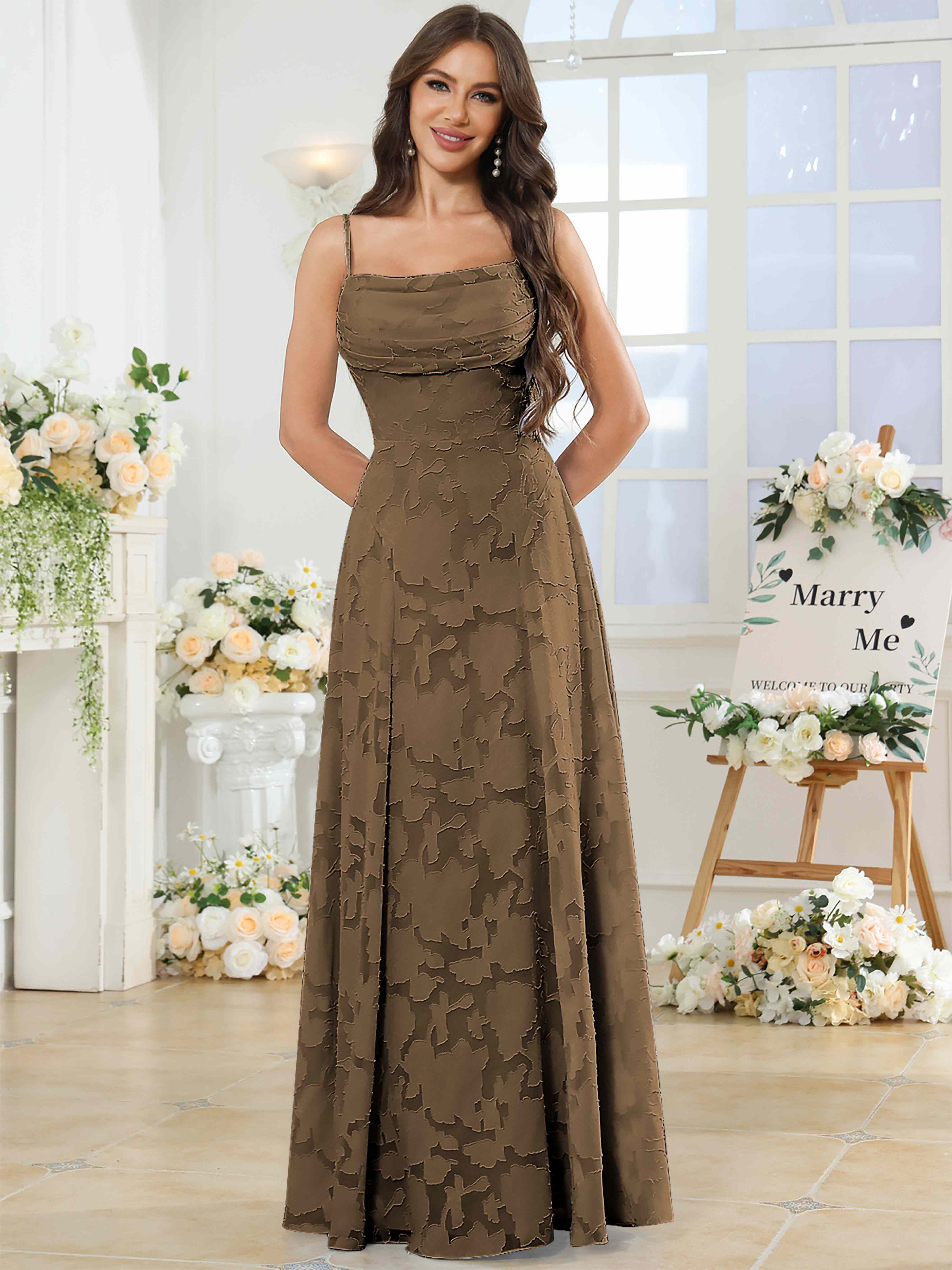 ROVDESY Cowl Chiffon Jacquard Bridesmaid/Prom Dress