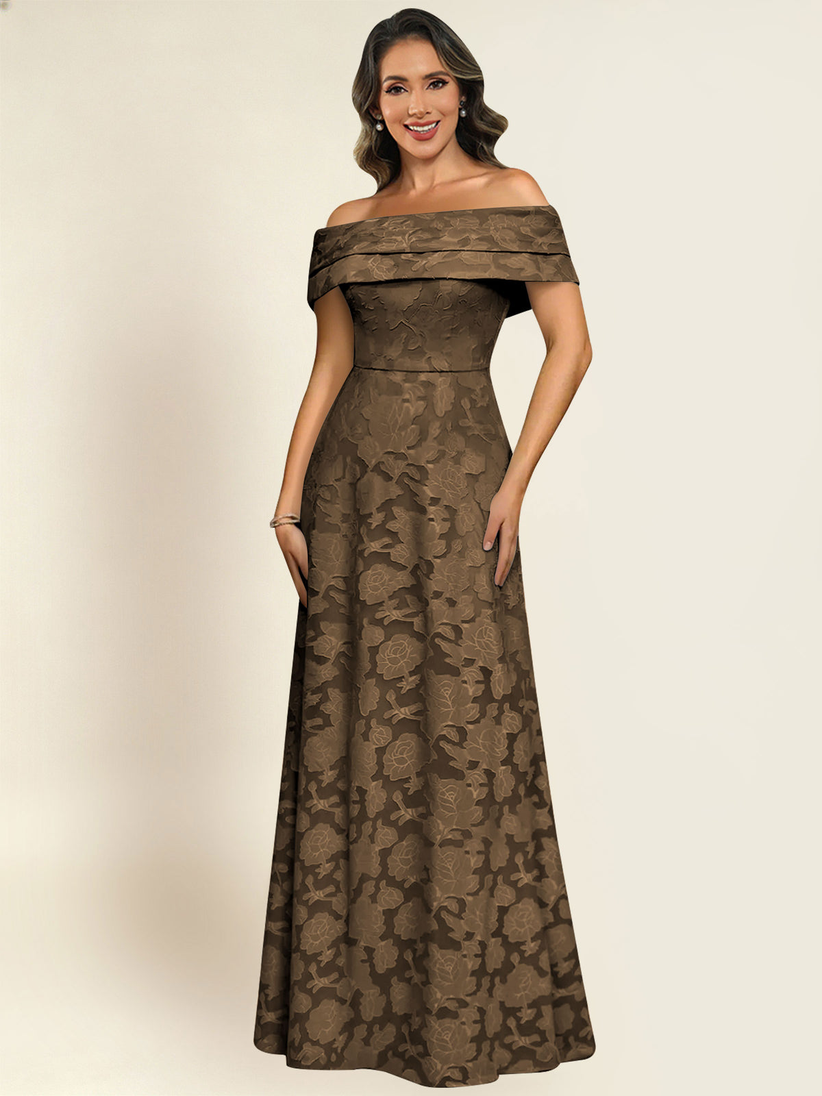 ROVDESY Off the Shoulder Floral Jacquard A-Line Long Mother of the Bride Dress