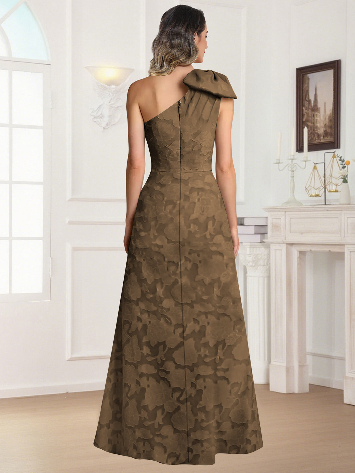One Shoulder Floral Jacquard Mother of the Bride Dress
