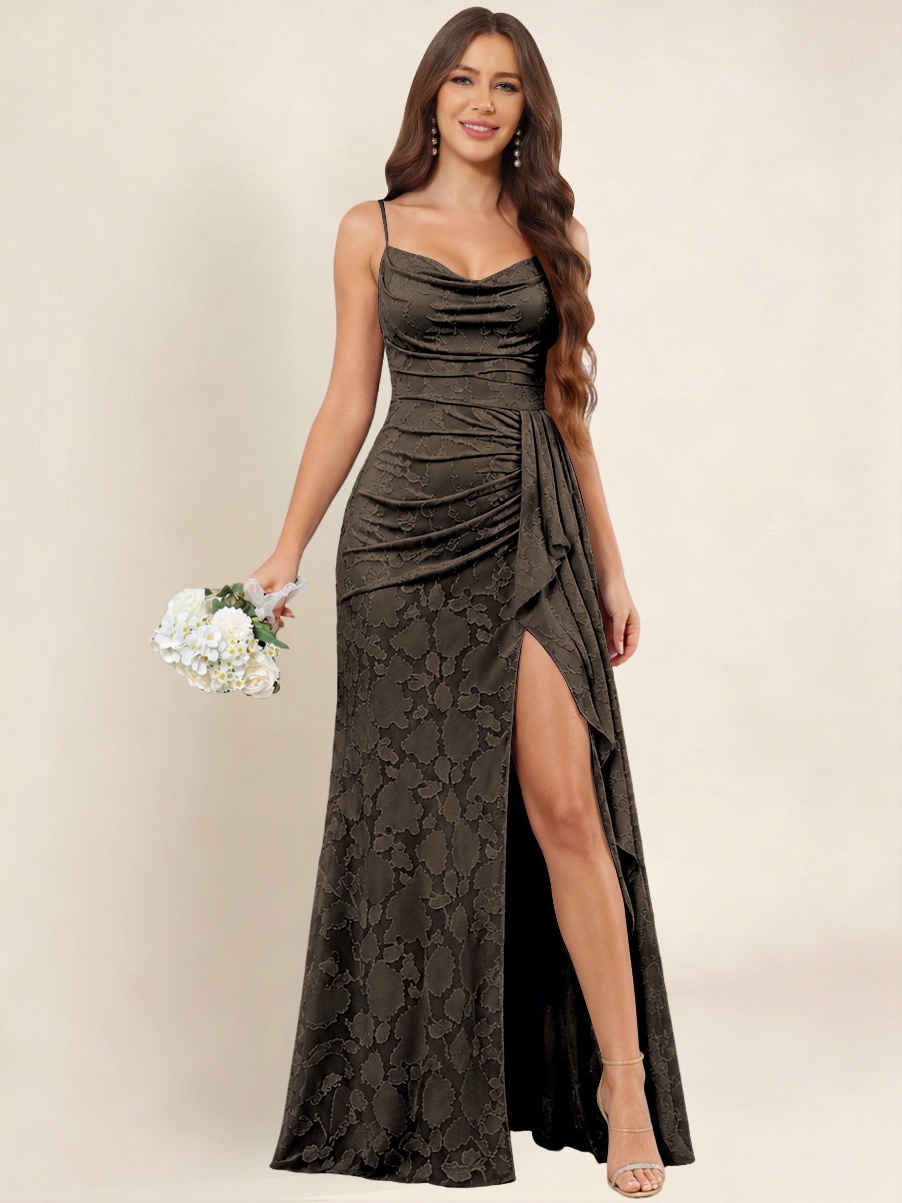 ROVDESY  Cowl Neck Ruffle Mermaid Chiffon Jacquard Bridesmaid/Prom Dress With Slit