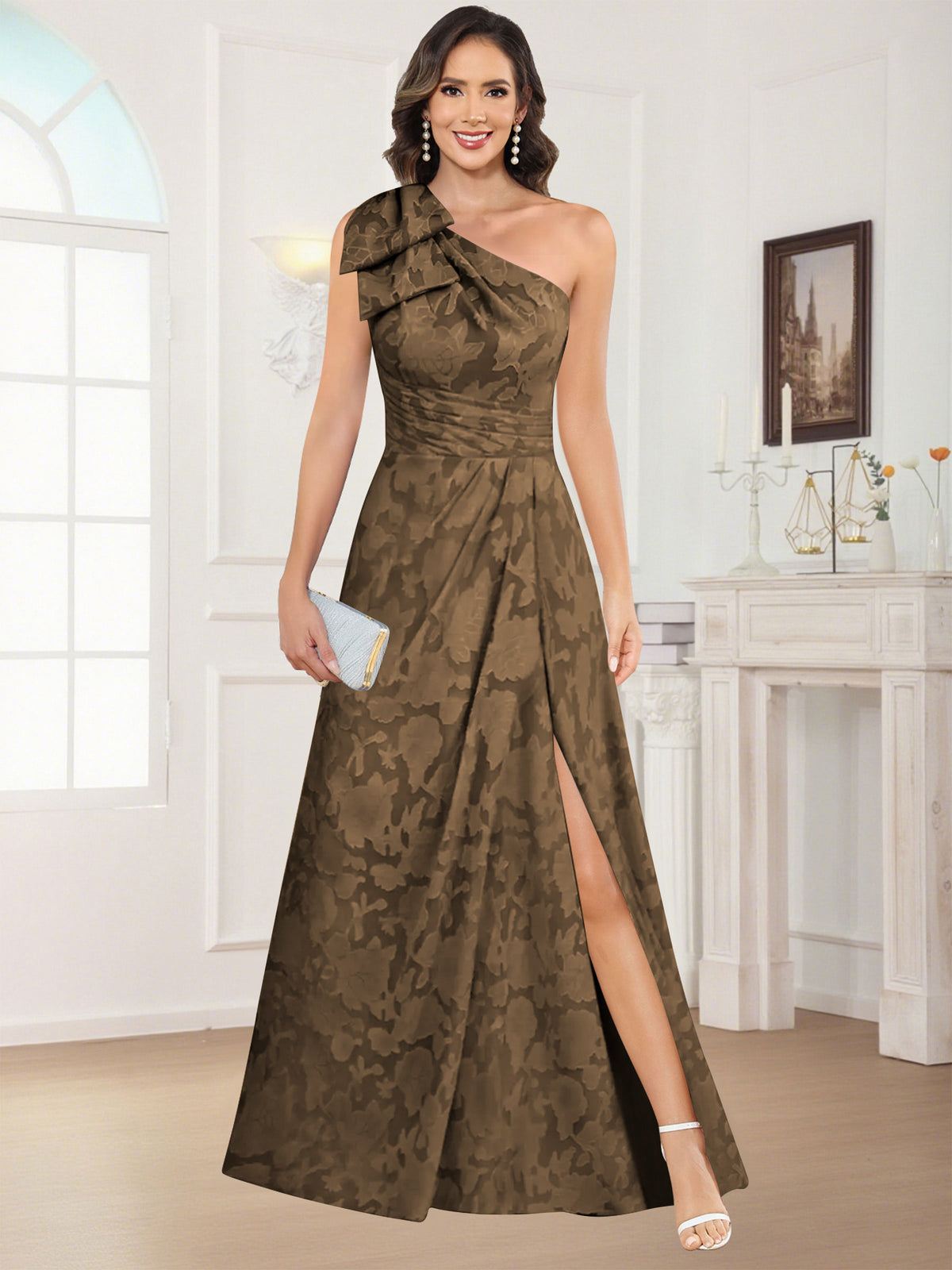 One Shoulder Floral Jacquard Mother of the Bride Dress