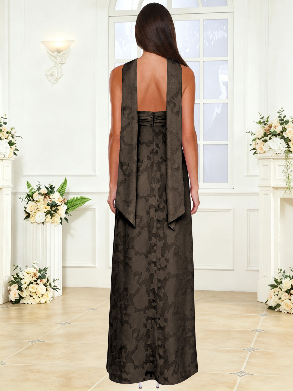 Spaghetti Strap Ruched Floral Jacquard A Line Bridesmaid Dress with Scarf