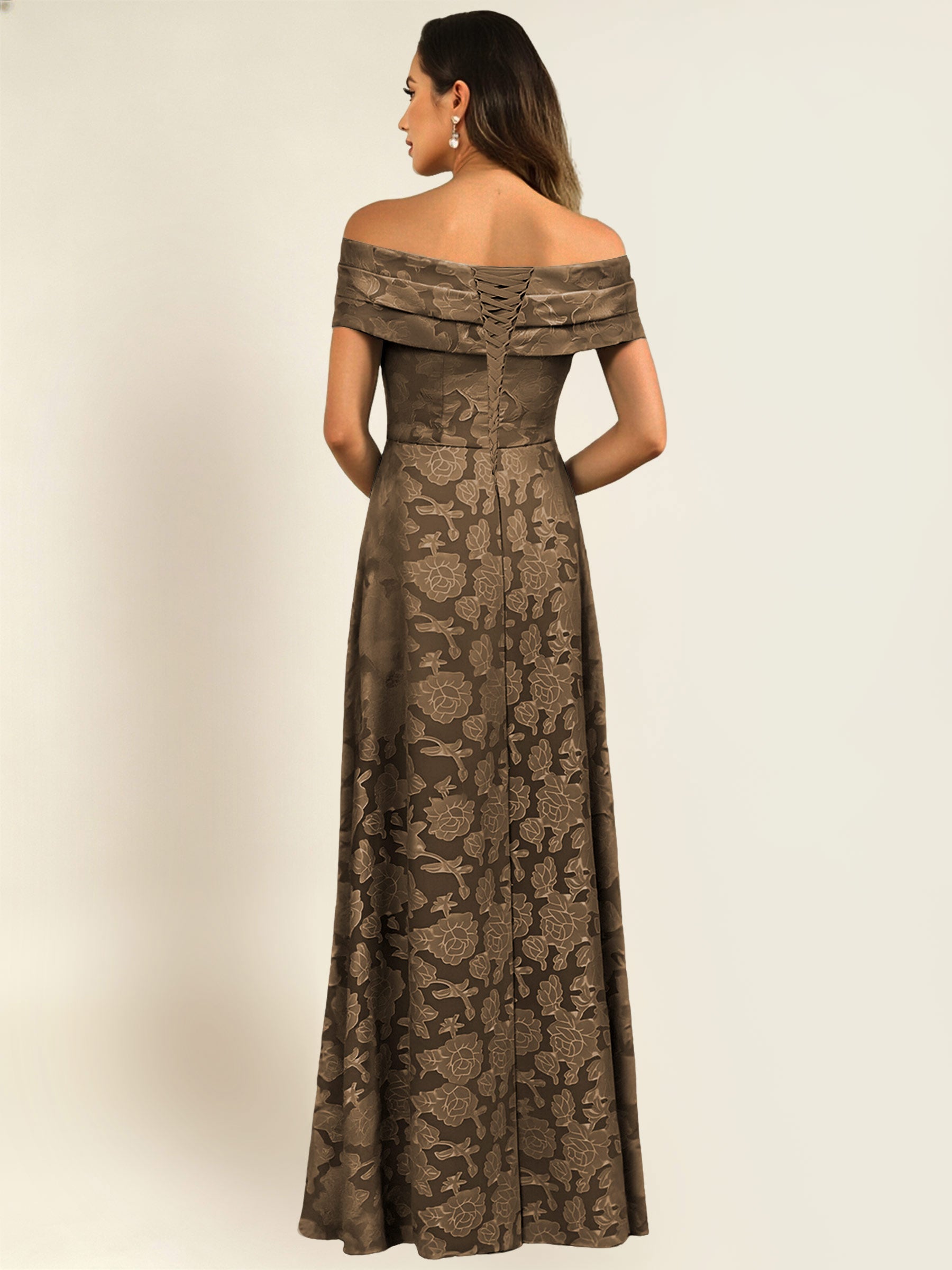 ROVDESY Off the Shoulder Floral Jacquard A-Line Long Mother of the Bride Dress