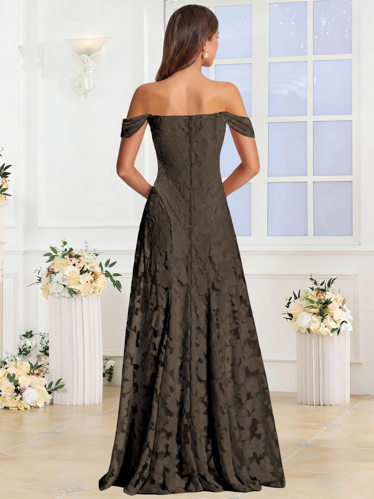 Off the Shoulder Floral Ruched A-line Bridesmaid Dress