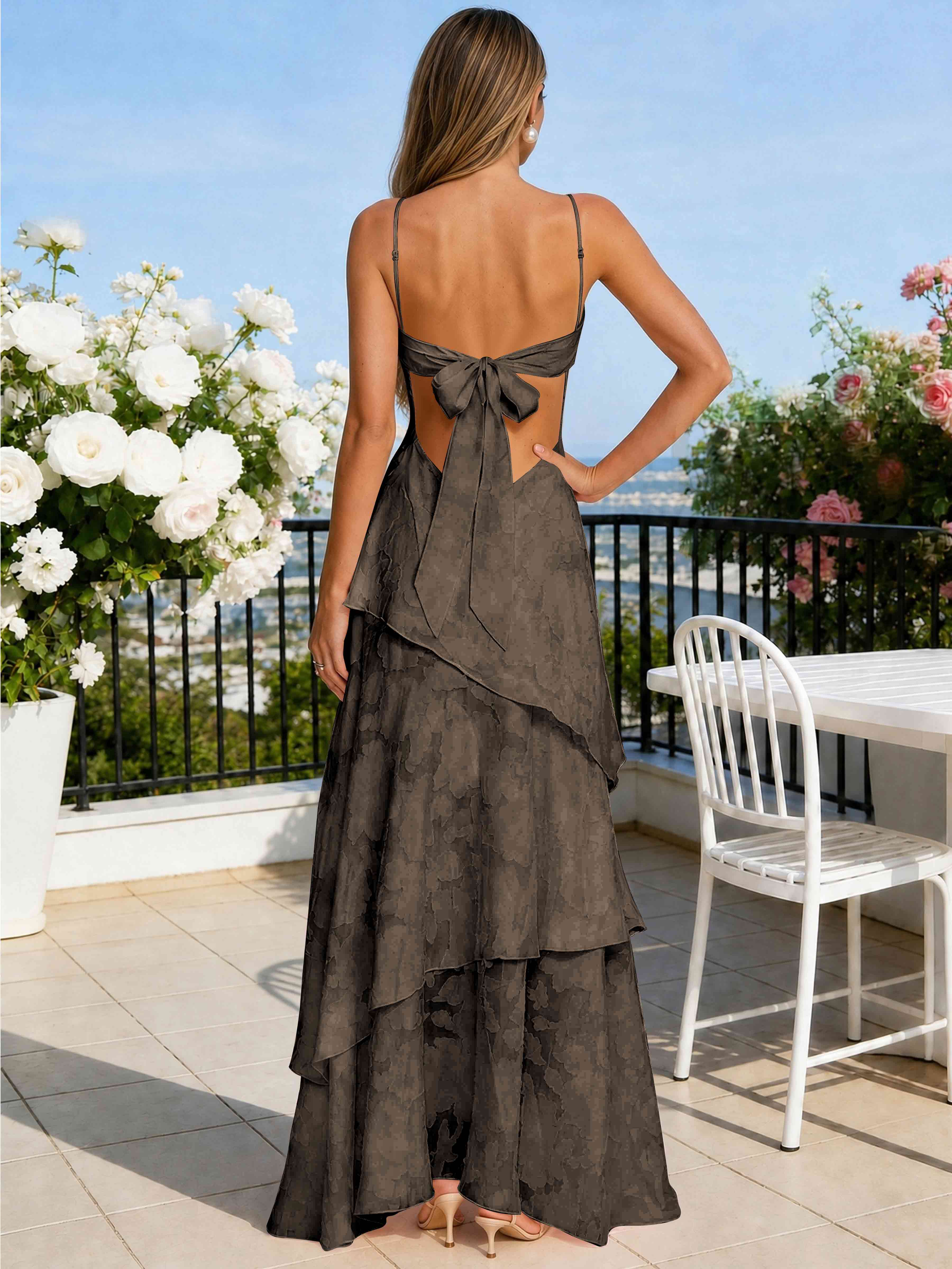ROVDESY Spaghetti Strap V-Neck Chiffon Jacquard Tiered Ruffle Long Bridesmaid/Prom Dress