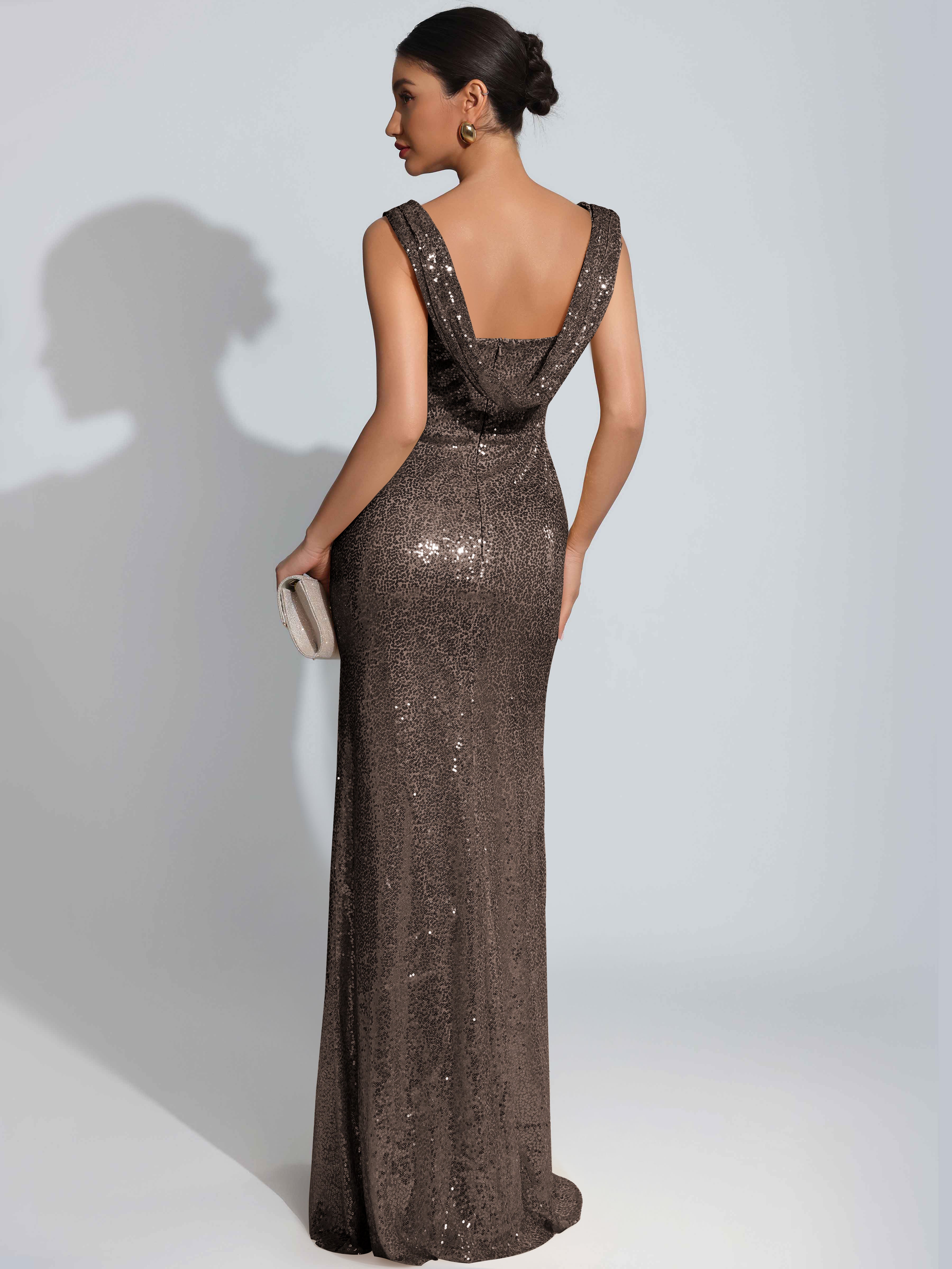 ROVDESY Sparkly Bateau Mermaid Ruched Sequin Long Prom Dress with Slit