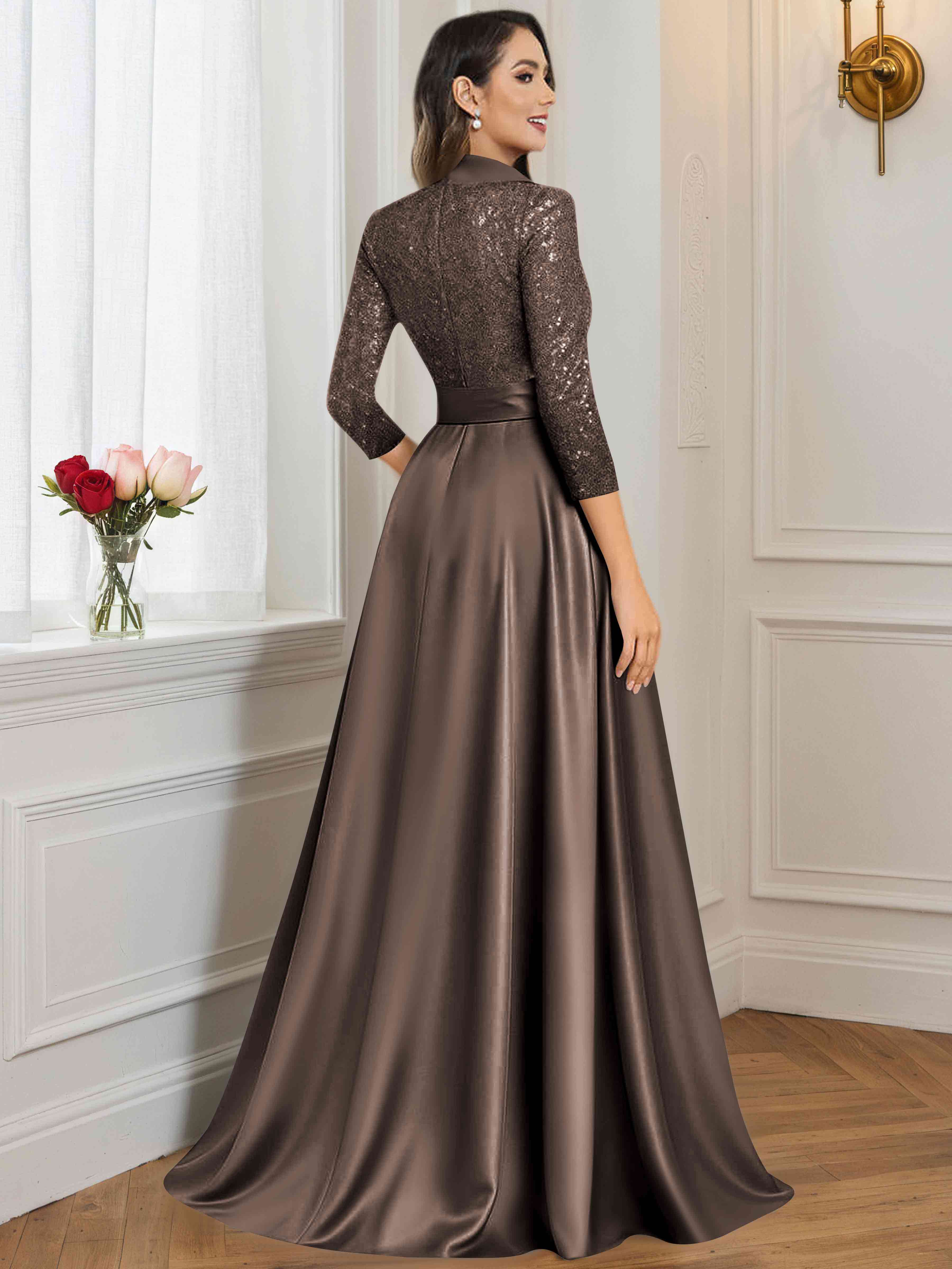 ROVDESY A-Line V Neck Sequin Satin  Long Mother of The Bride Dress Formal Gown With 3/4 Sleeves