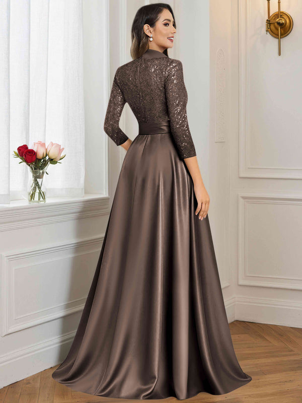 A-Line V Neck Sequin Satin  Long Mother of The Bride Dress Formal Gown With 3/4 Sleeves
