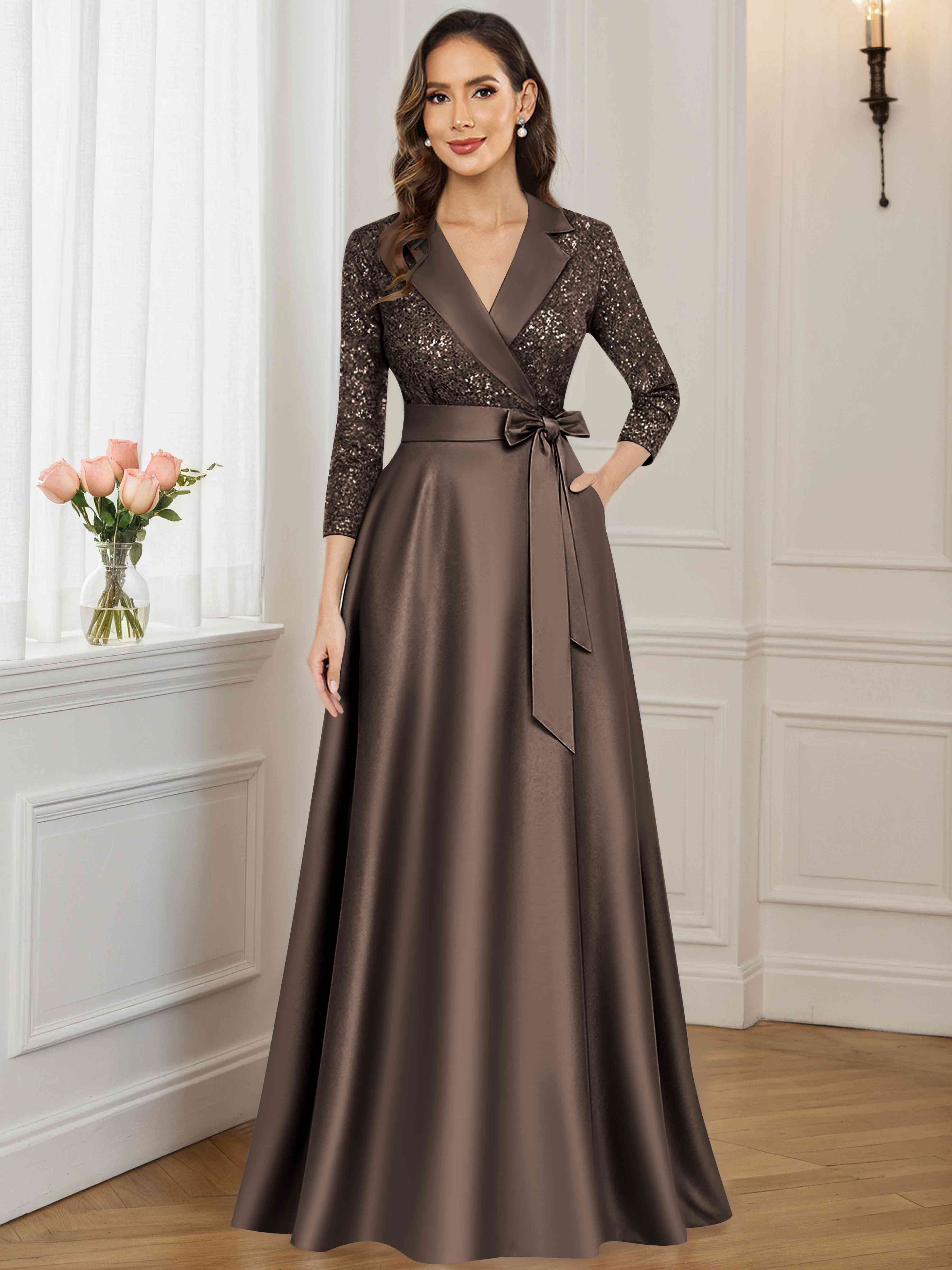 ROVDESY A-Line V Neck Sequin Satin  Long Mother of The Bride Dress Formal Gown With 3/4 Sleeves