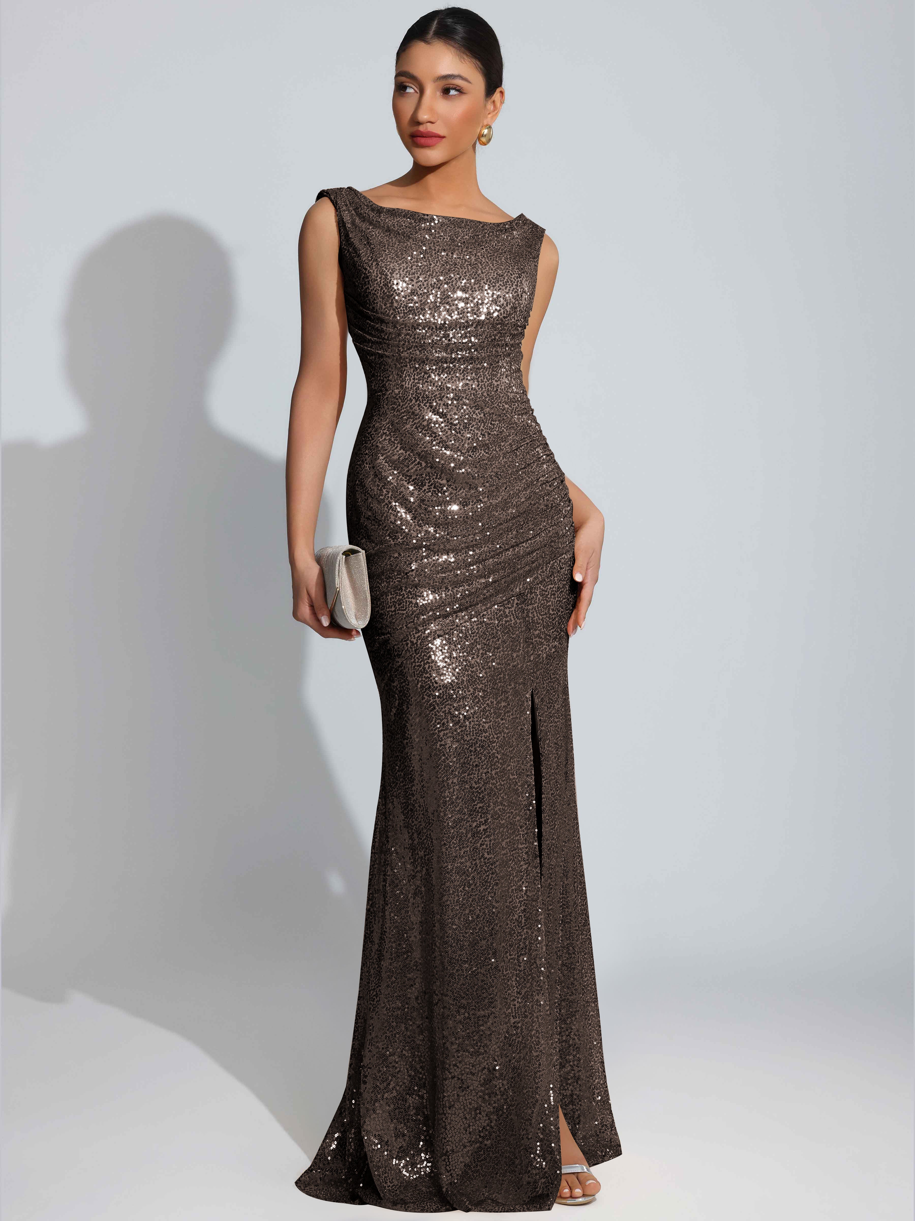 ROVDESY Sparkly Bateau Mermaid Ruched Sequin Long Prom Dress with Slit