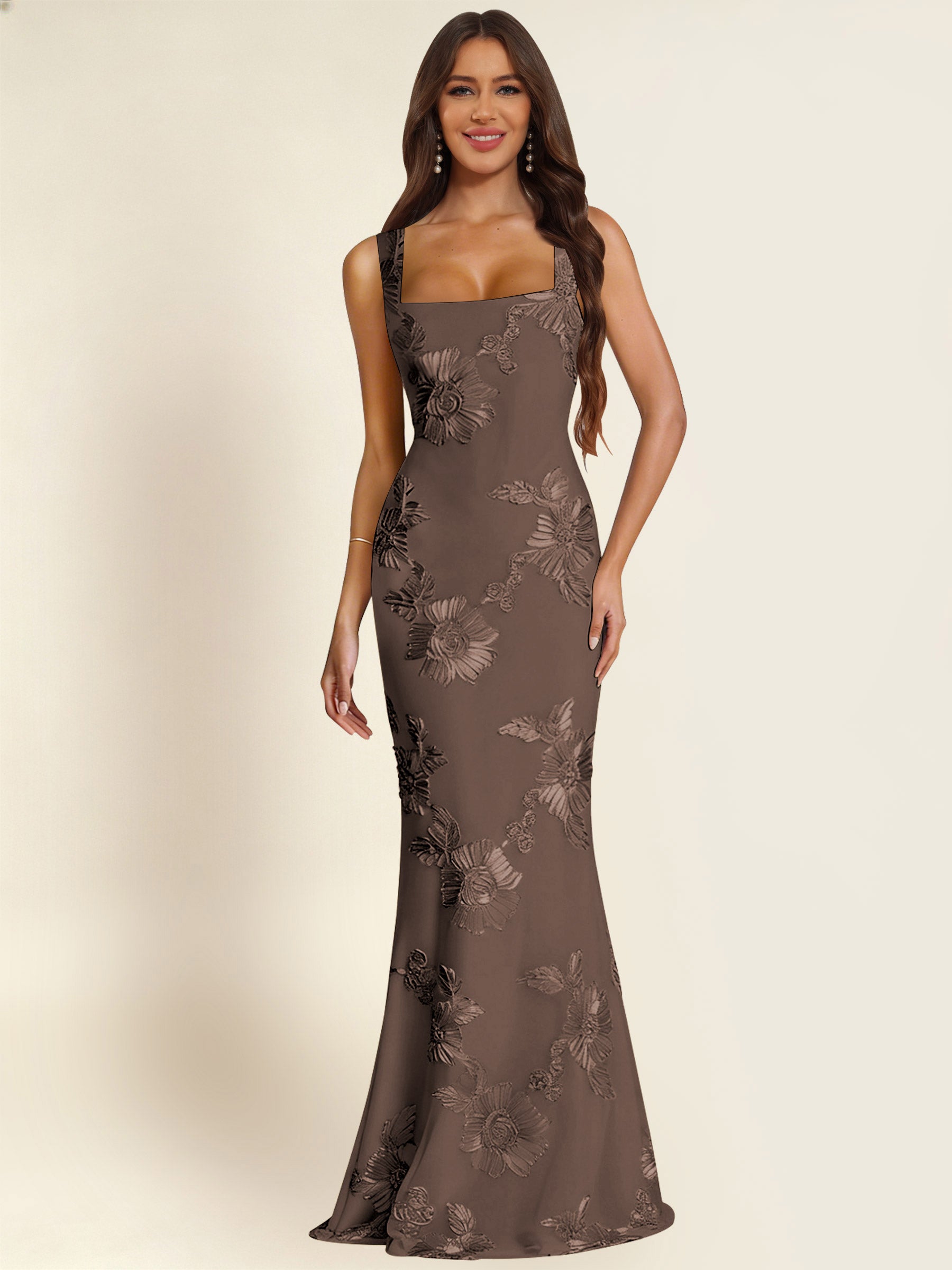 ROVDESY Square Neck Floral Applique Mermaid Long Prom/Bridesmaid Dress