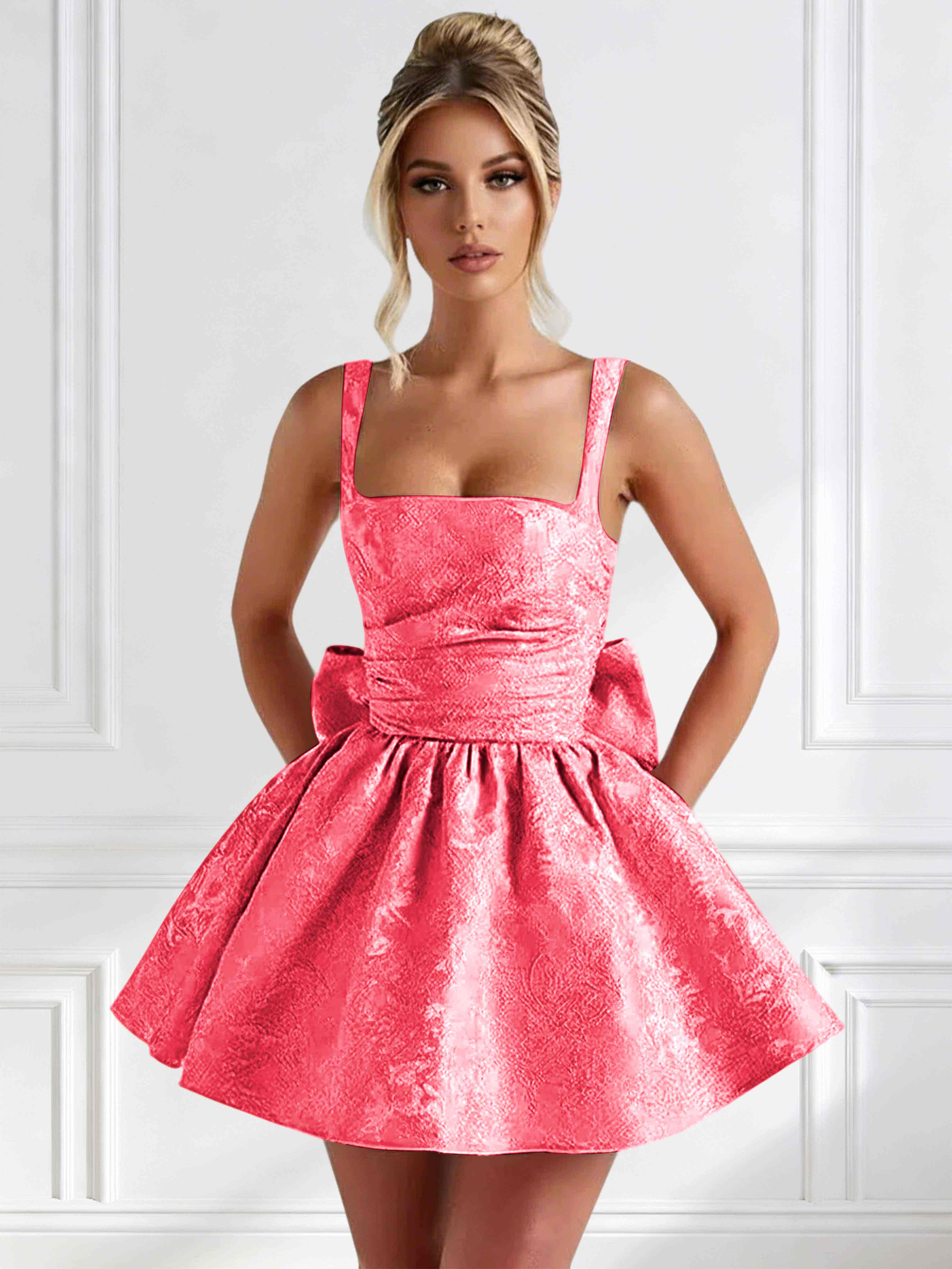 ROVDESY A-Line Square Neck Jacquard Satin Homecoming Mini Dress With Big Bow