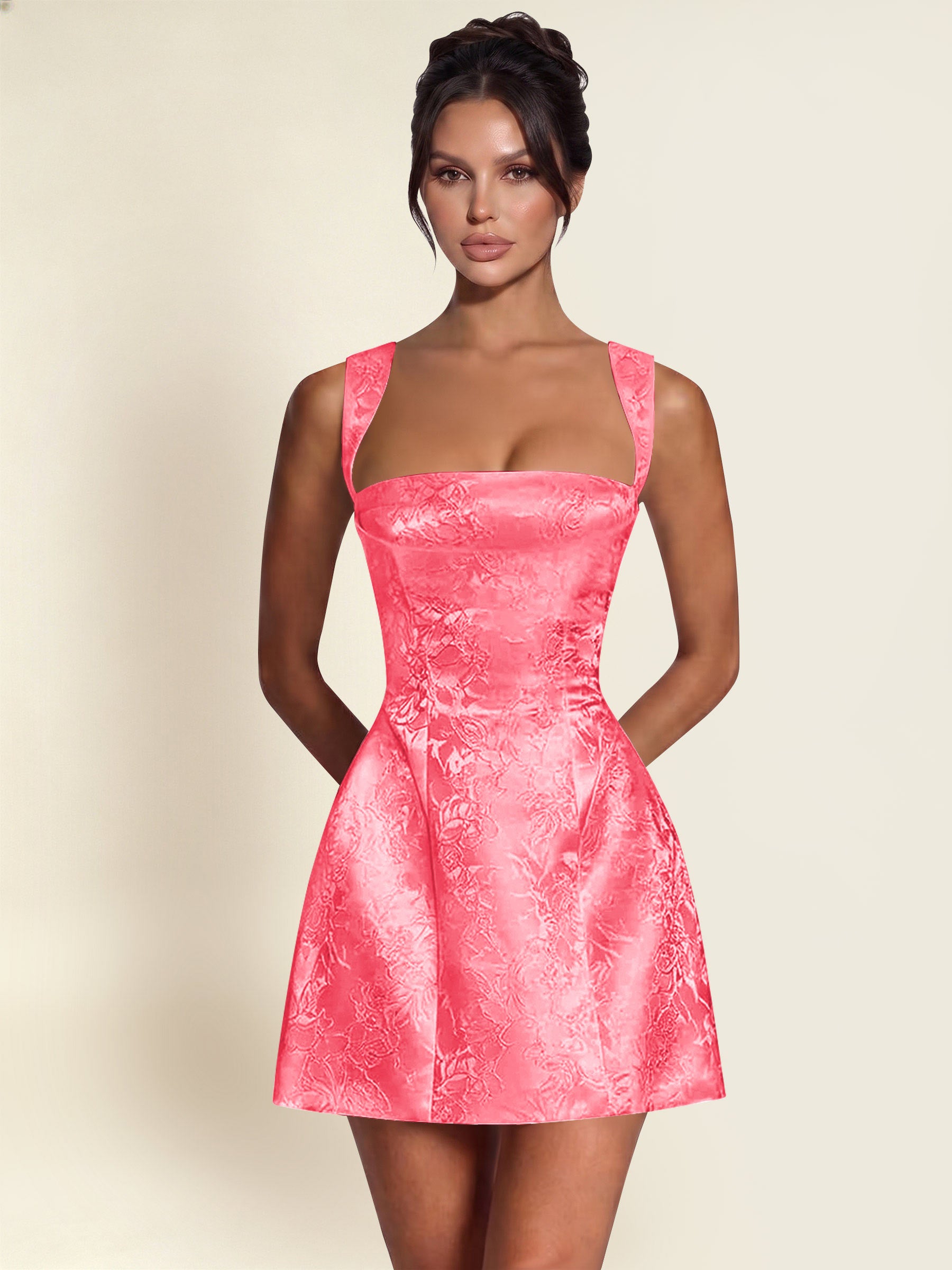 ROVDESY A-Line Square Neck Jacquard Satin Homecoming Mini Dress
