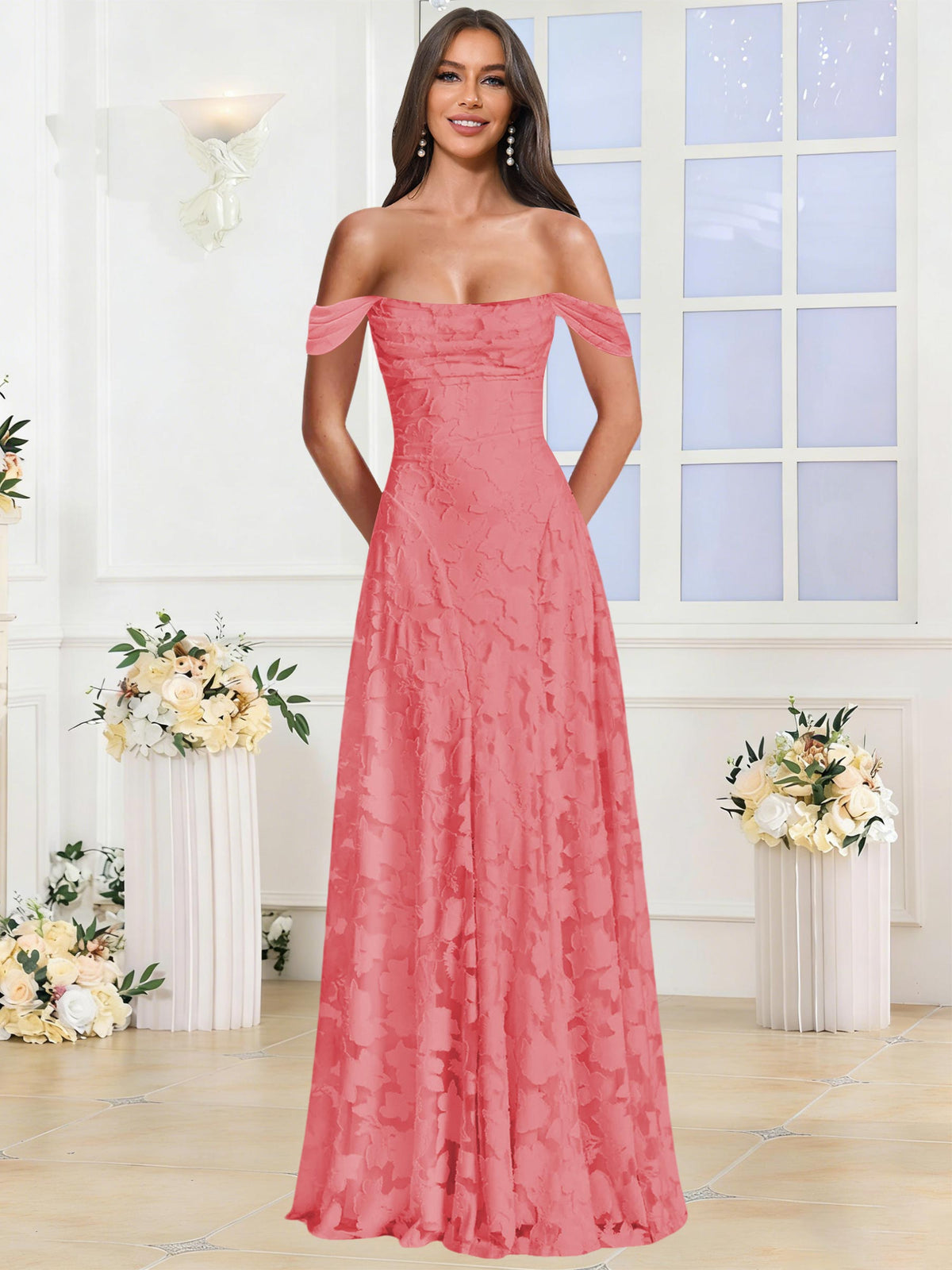 Off the Shoulder Floral Ruched A-line Bridesmaid Dress