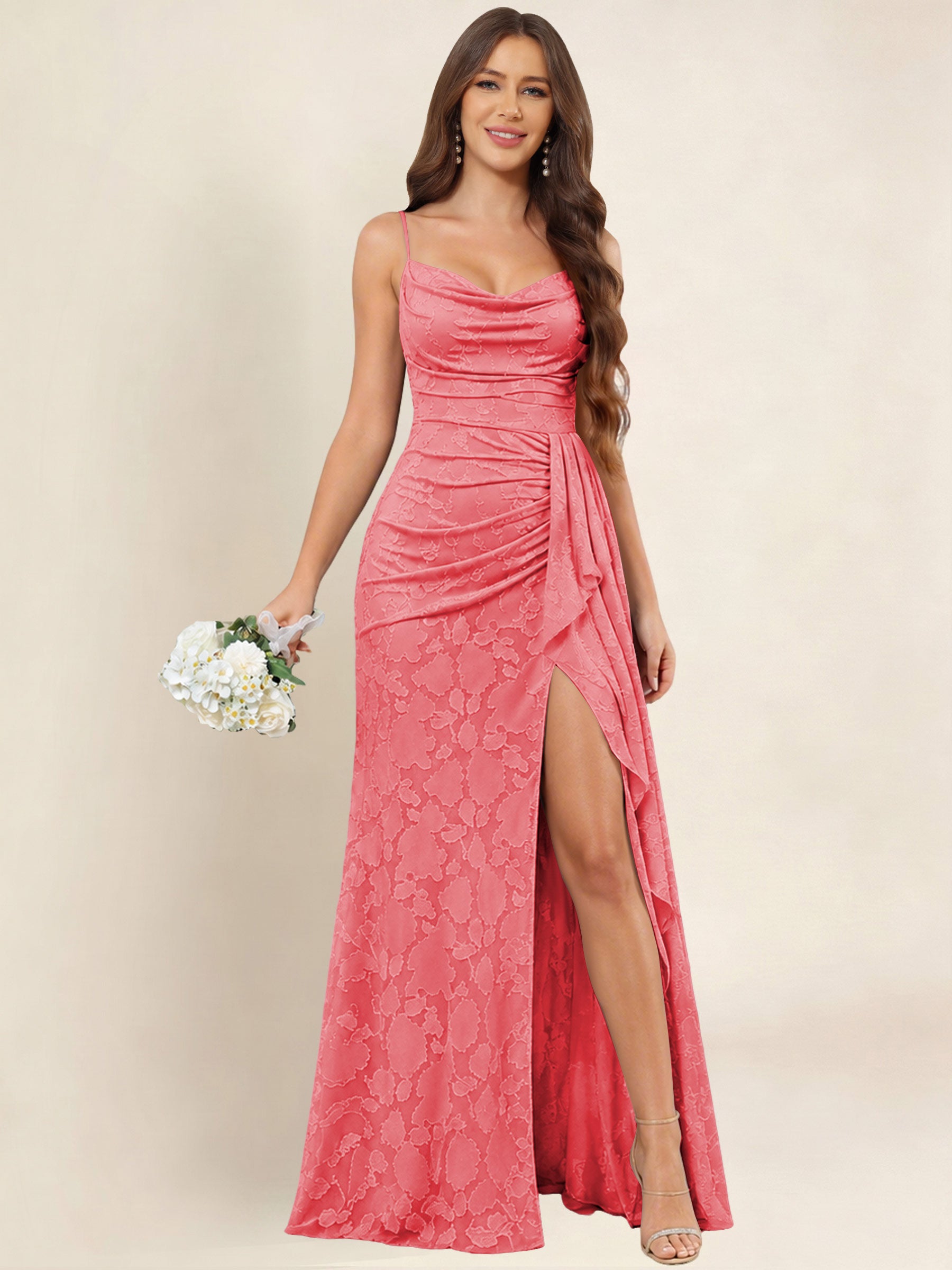 ROVDESY  Cowl Neck Ruffle Mermaid Chiffon Jacquard Bridesmaid/Prom Dress With Slit
