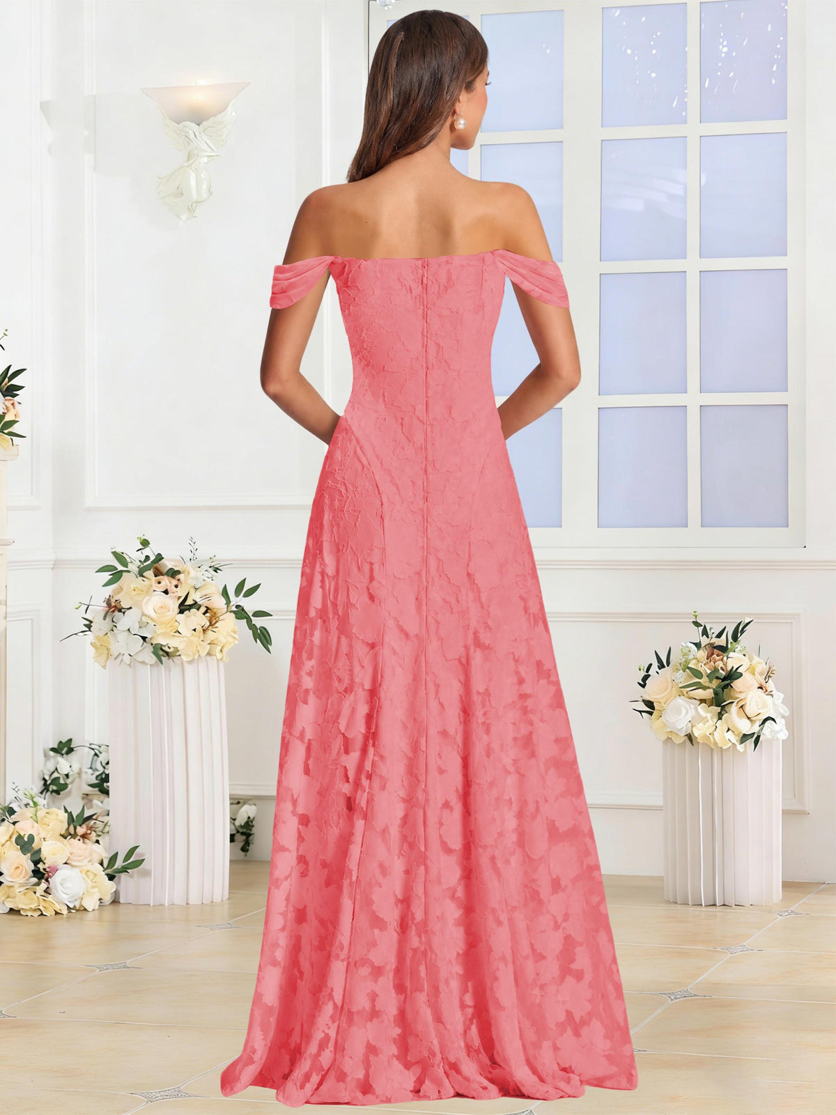 Off the Shoulder Floral Ruched A-line Bridesmaid Dress