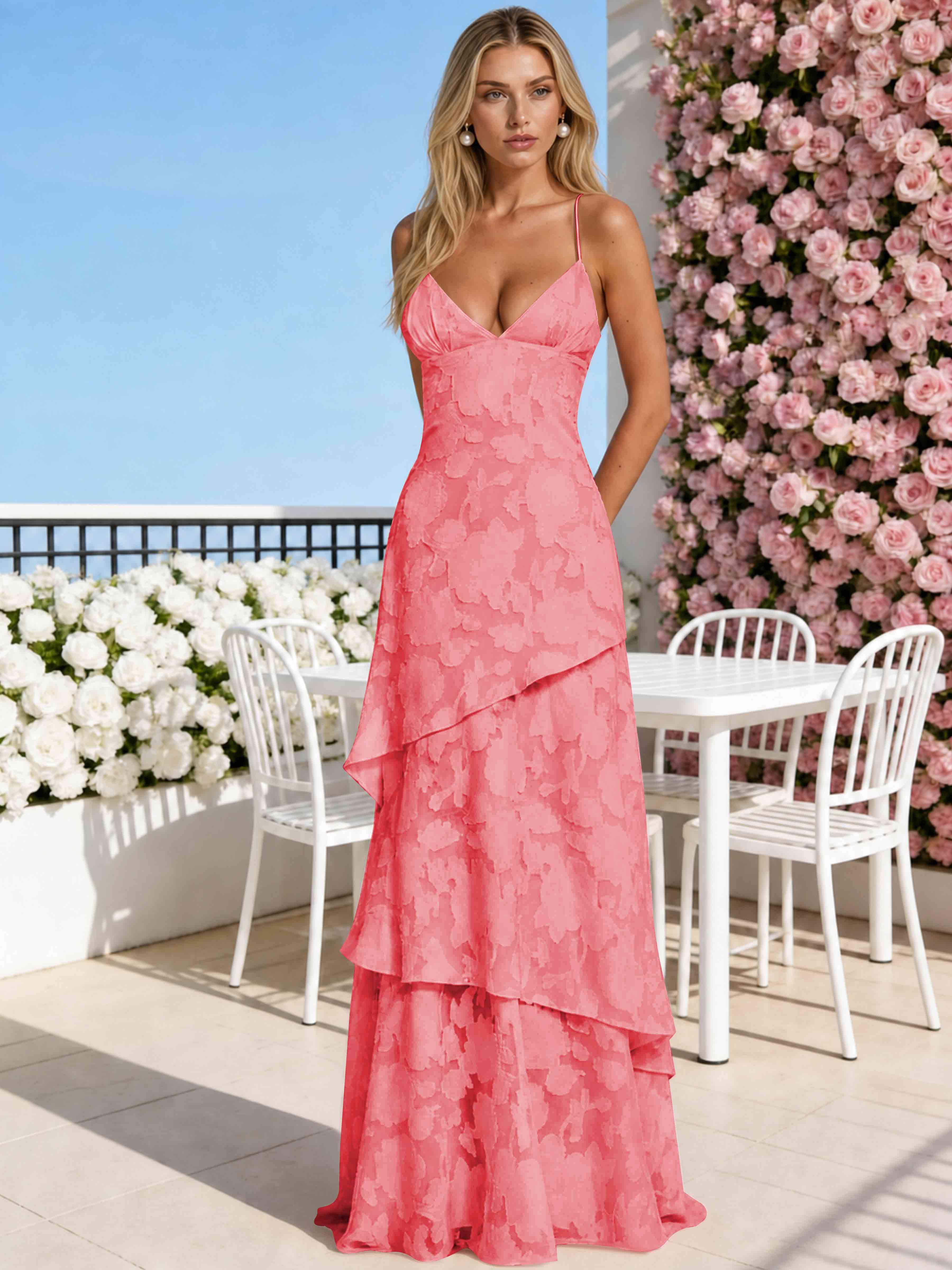 ROVDESY Spaghetti Strap V-Neck Chiffon Jacquard Tiered Ruffle Long Bridesmaid/Prom Dress