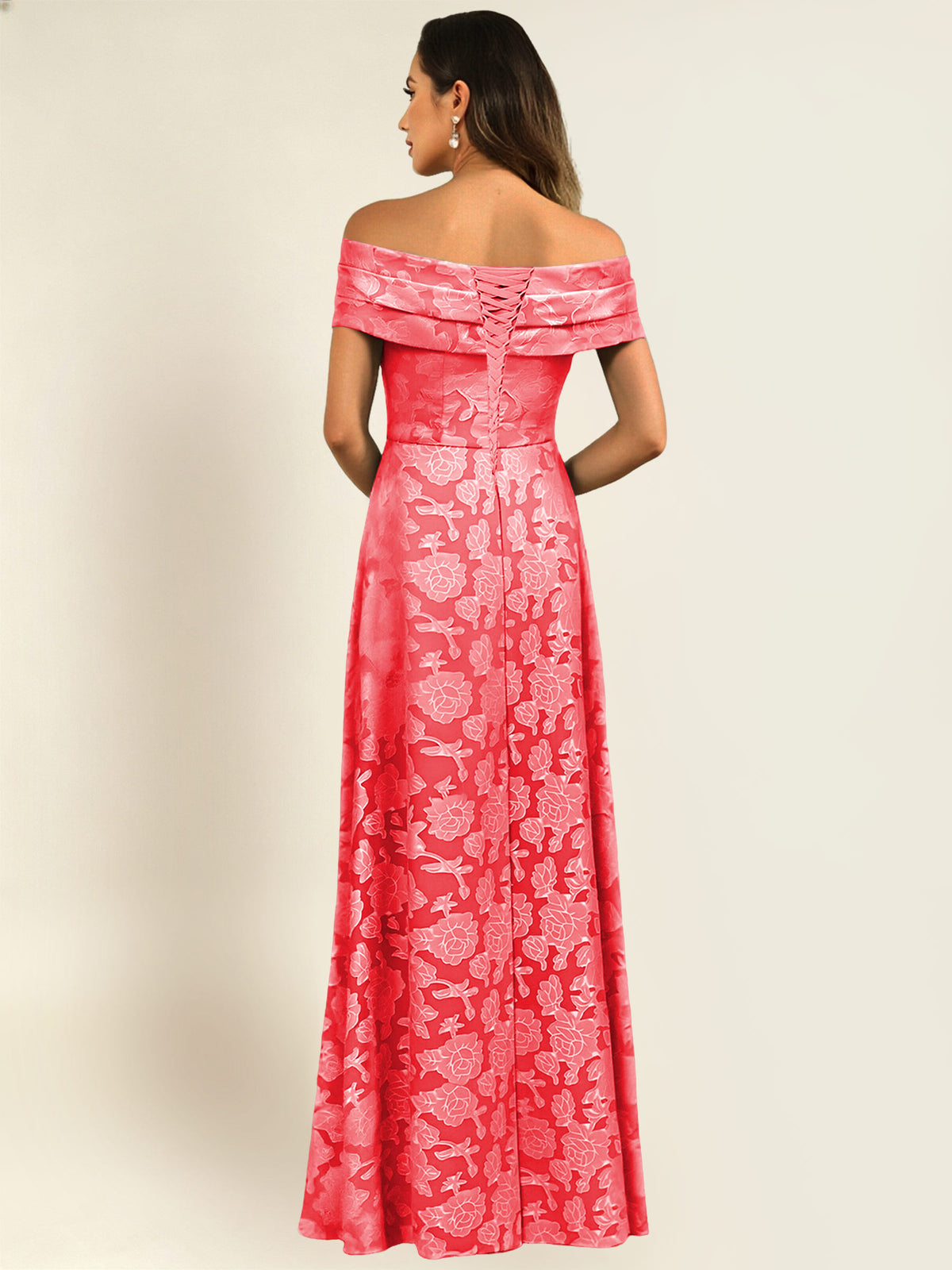 ROVDESY Off the Shoulder Floral Jacquard A-Line Long Mother of the Bride Dress