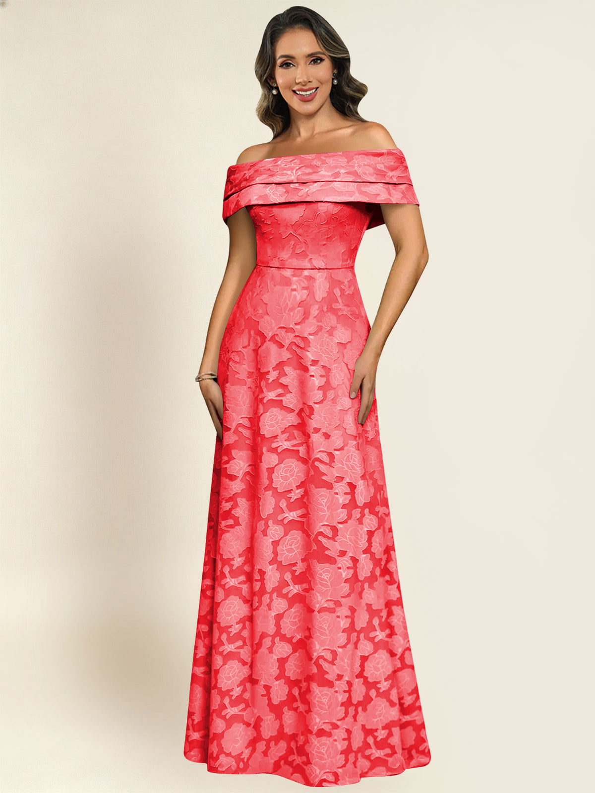 ROVDESY Off the Shoulder Floral Jacquard A-Line Long Mother of the Bride Dress