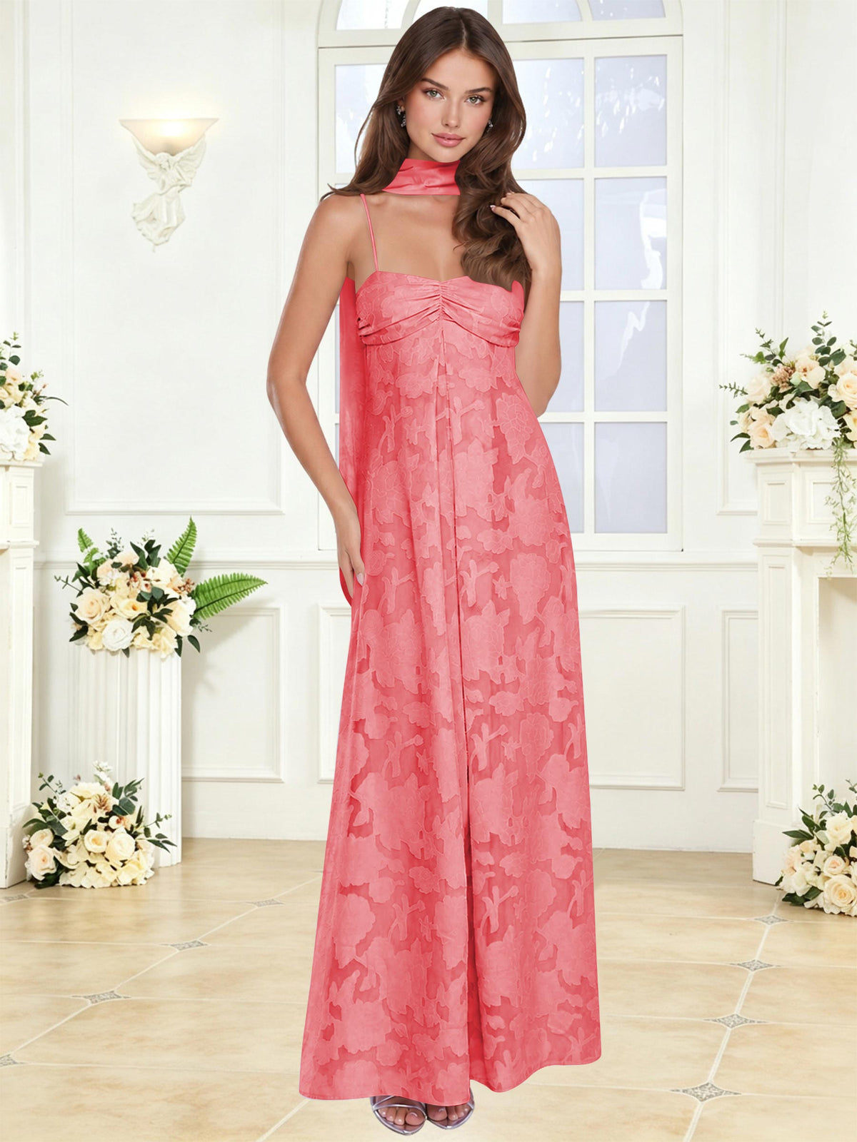 Spaghetti Strap Ruched Floral Jacquard A Line Bridesmaid Dress with Scarf