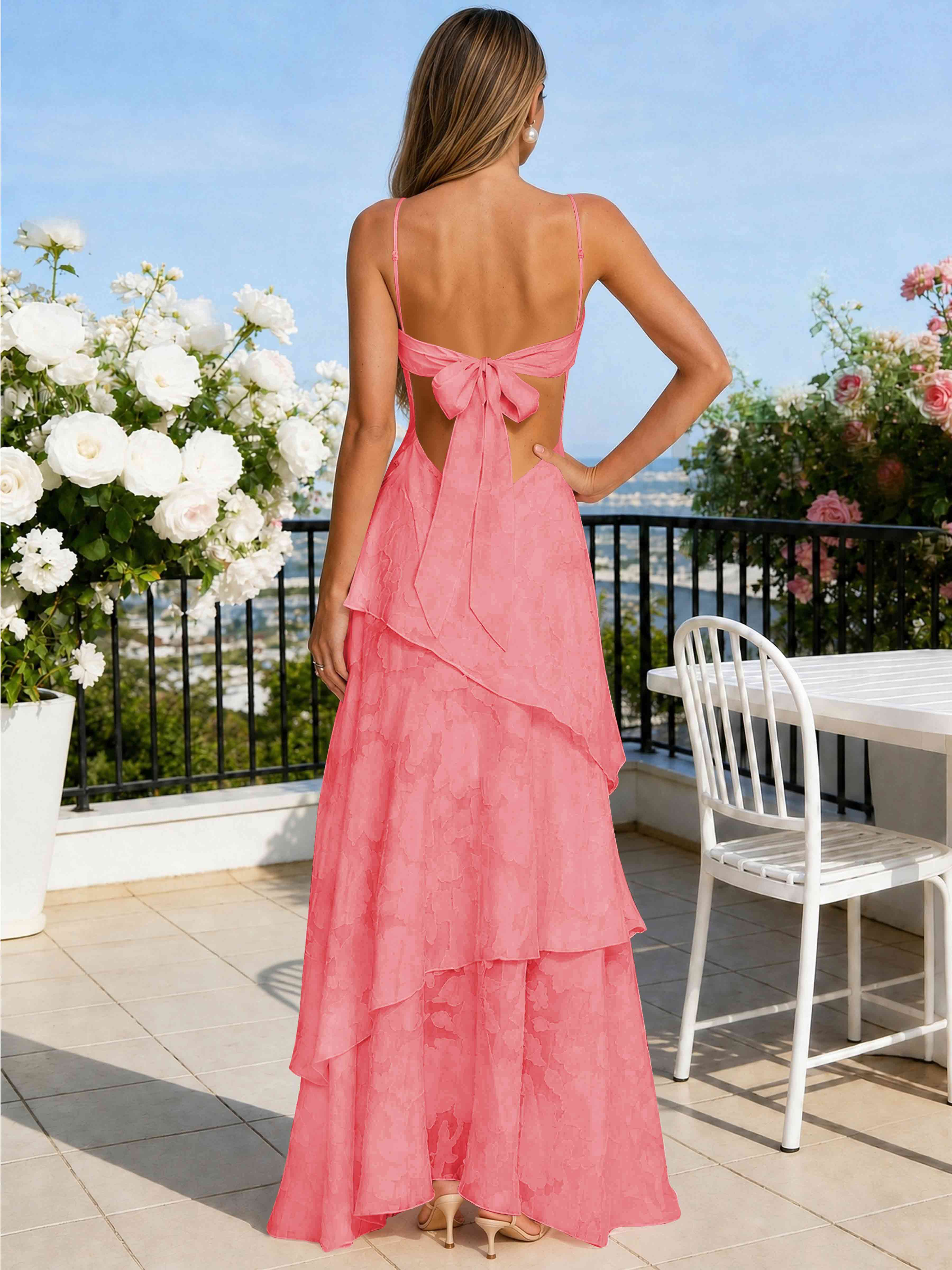 ROVDESY Spaghetti Strap V-Neck Chiffon Jacquard Tiered Ruffle Long Bridesmaid/Prom Dress