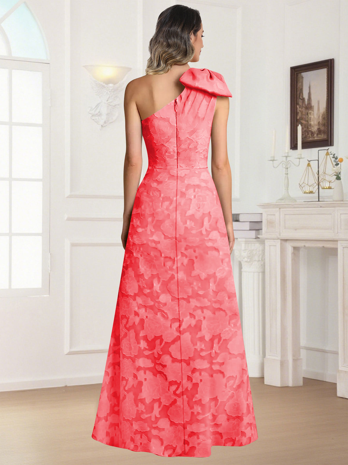 One Shoulder Floral Jacquard Mother of the Bride Dress