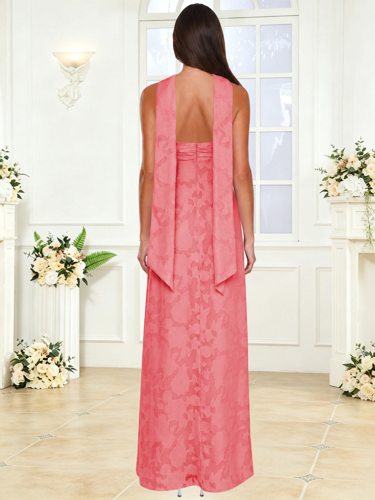 Spaghetti Strap Ruched Floral Jacquard A Line Bridesmaid Dress with Scarf