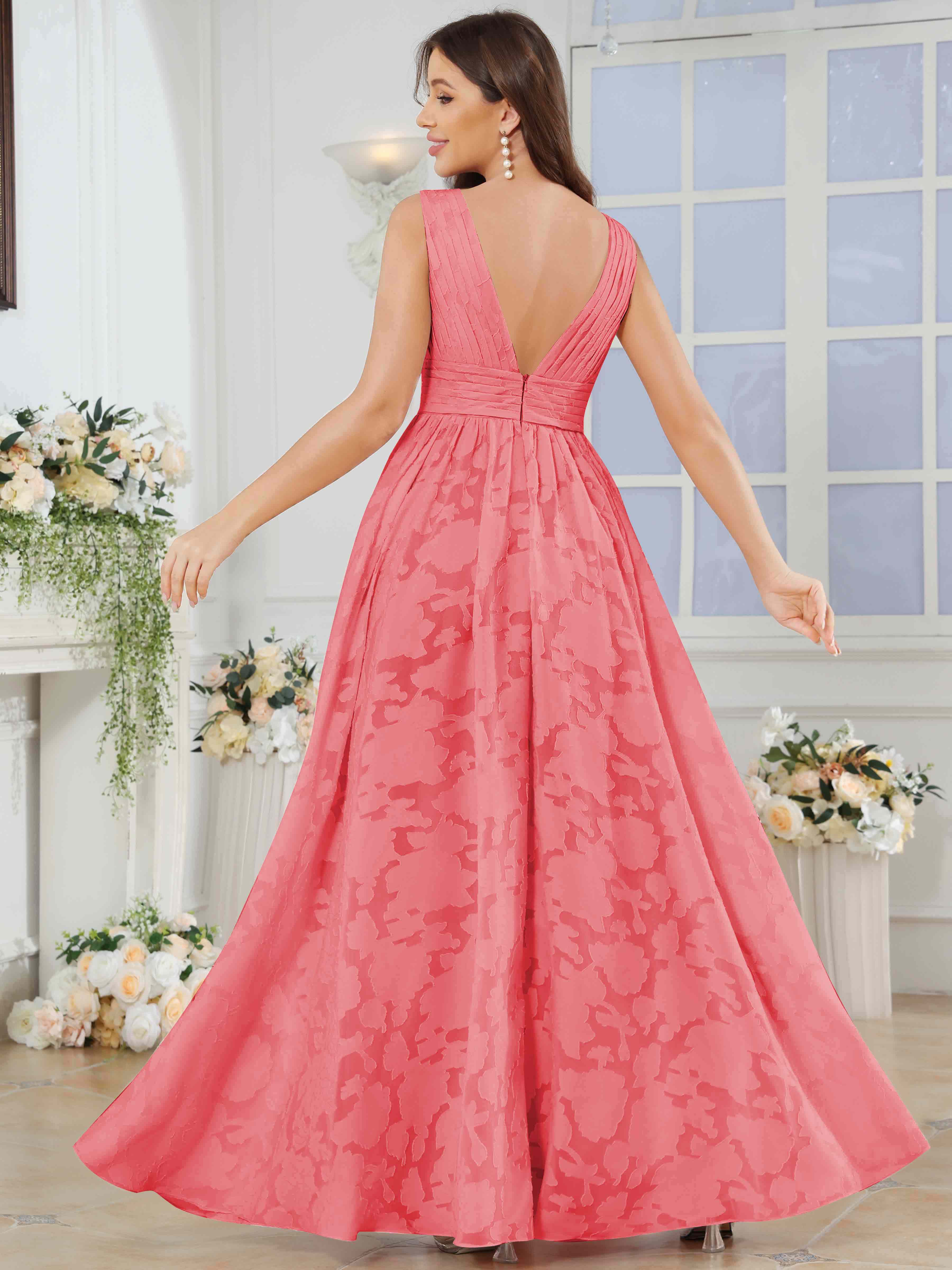 ROVDESY A-Line V-Neck Pleated Chiffon Jacquard Bridesmaid/Peom Dress With Slit