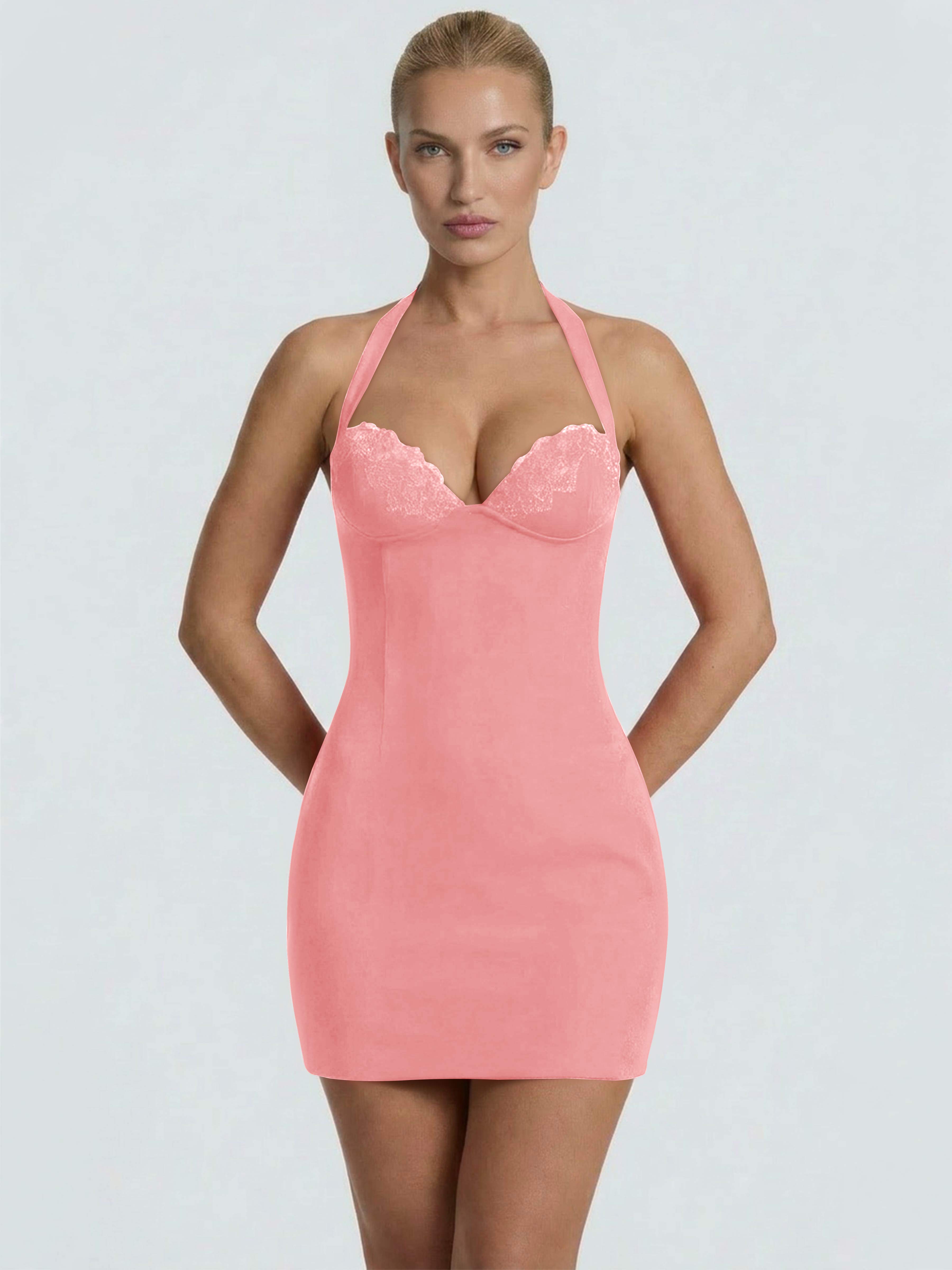 ROVDESY Halter Lace Satin Tight Homecoming Mini Dress