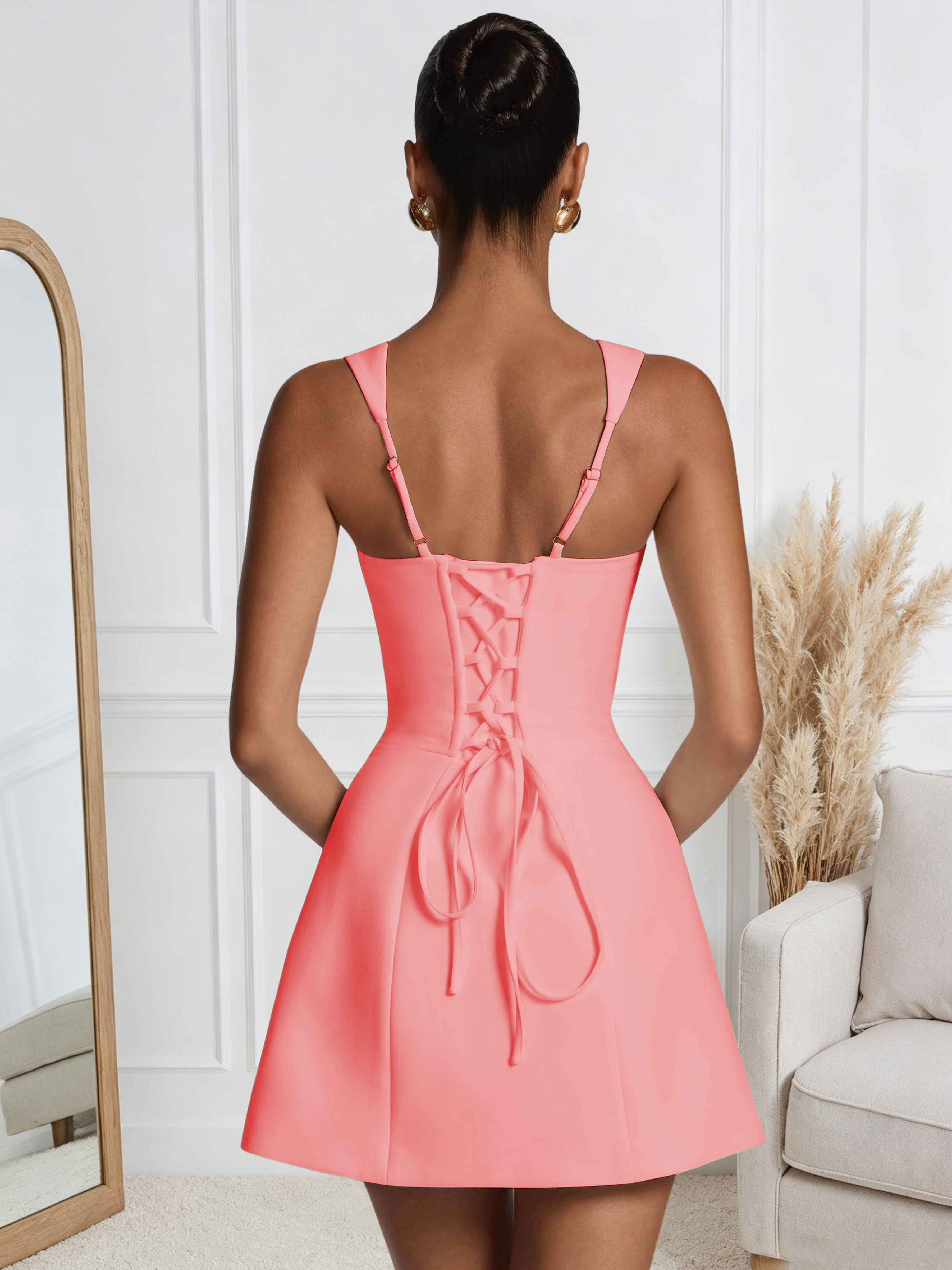 ROVDESY A-Line Square Neck Satin Homecoming Mini Dress