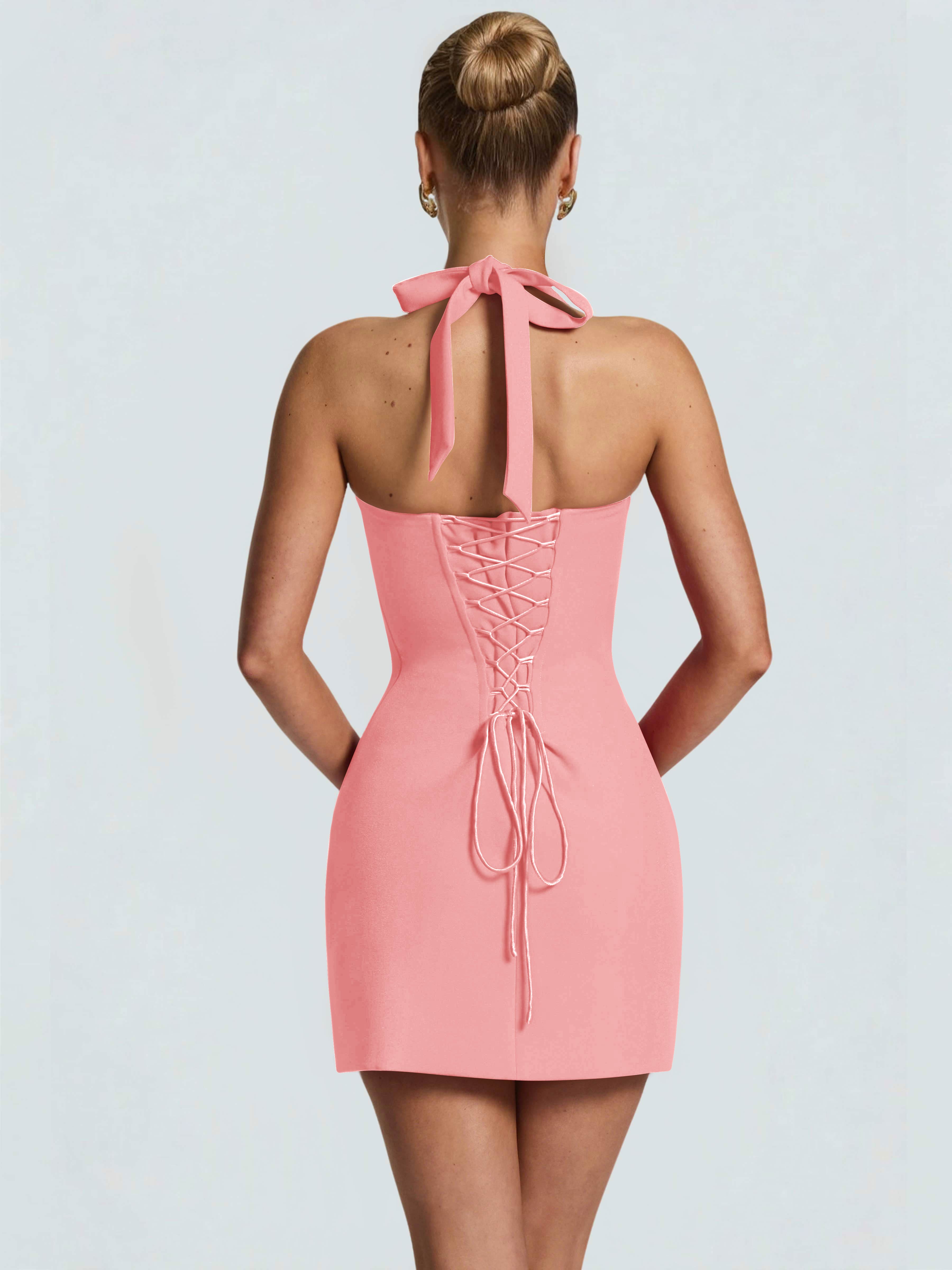 ROVDESY Halter Lace Satin Tight Homecoming Mini Dress