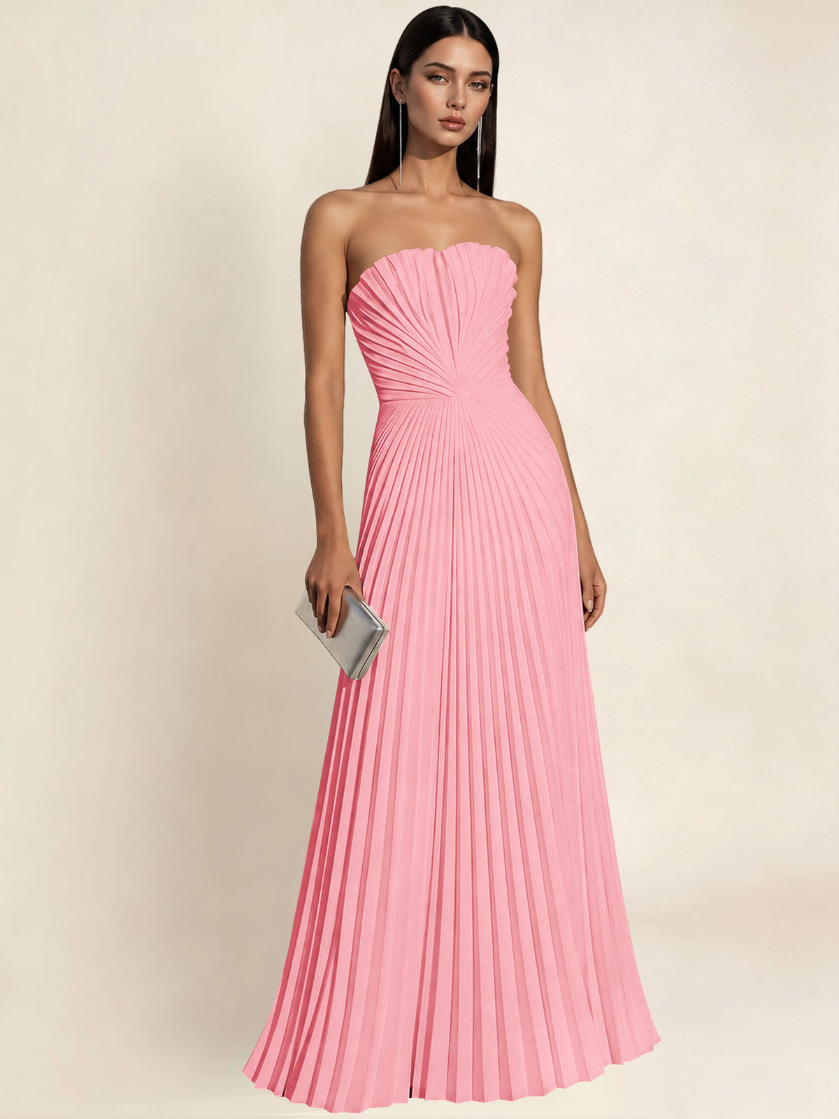 Strapless Satin Pleated A Line Bridesmaid Prom Dress
