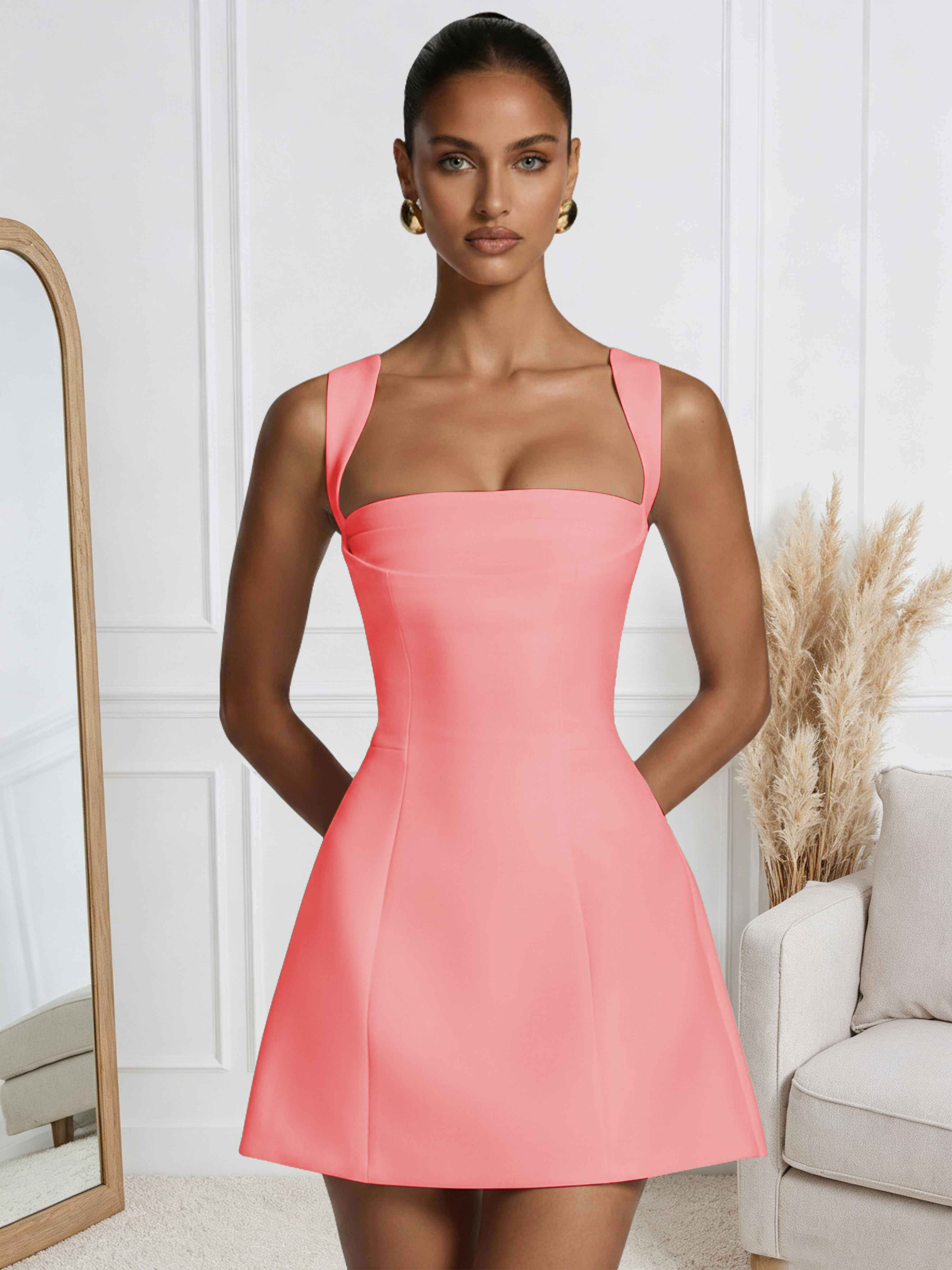 ROVDESY A-Line Square Neck Satin Homecoming Mini Dress