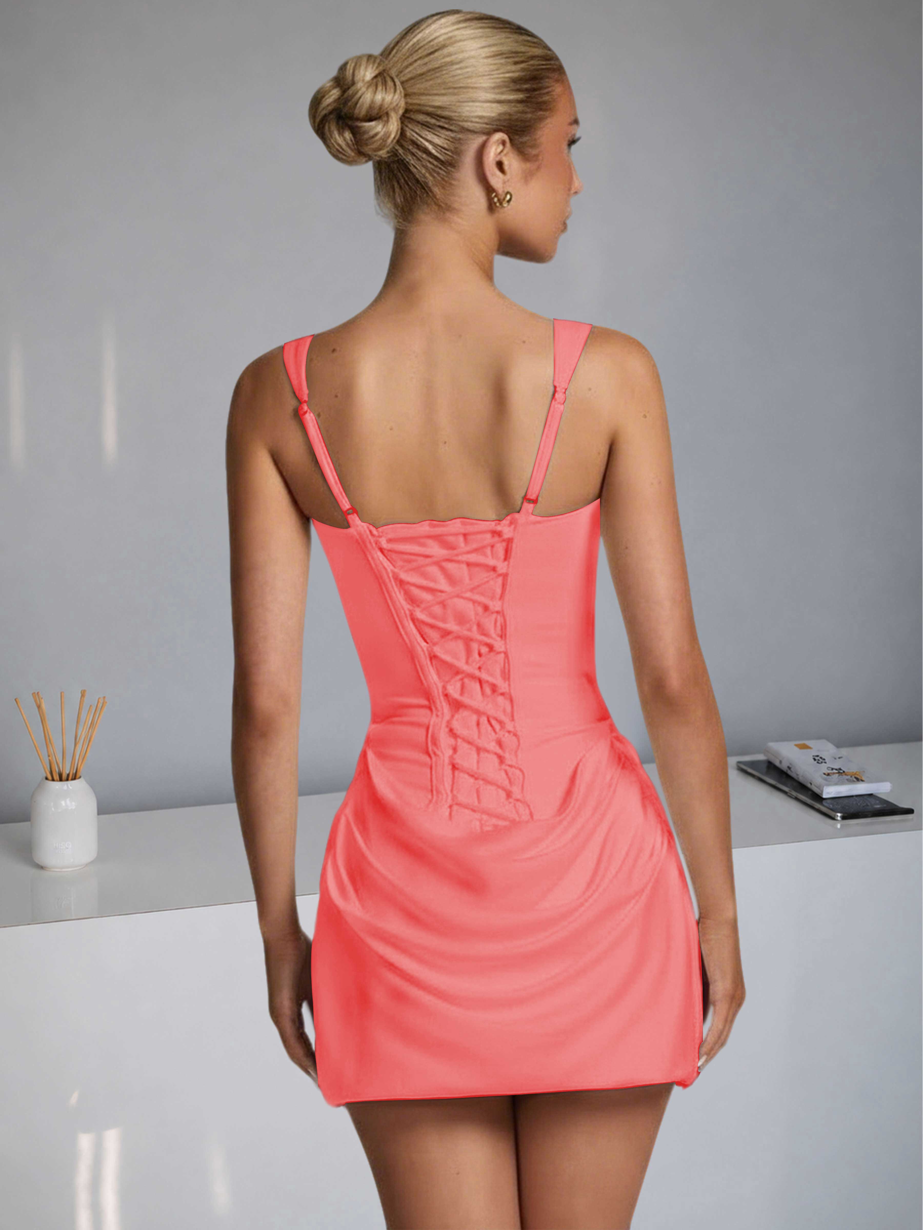 ROVDESY Square Neck Ruched Satin Homecoming Mini Dress