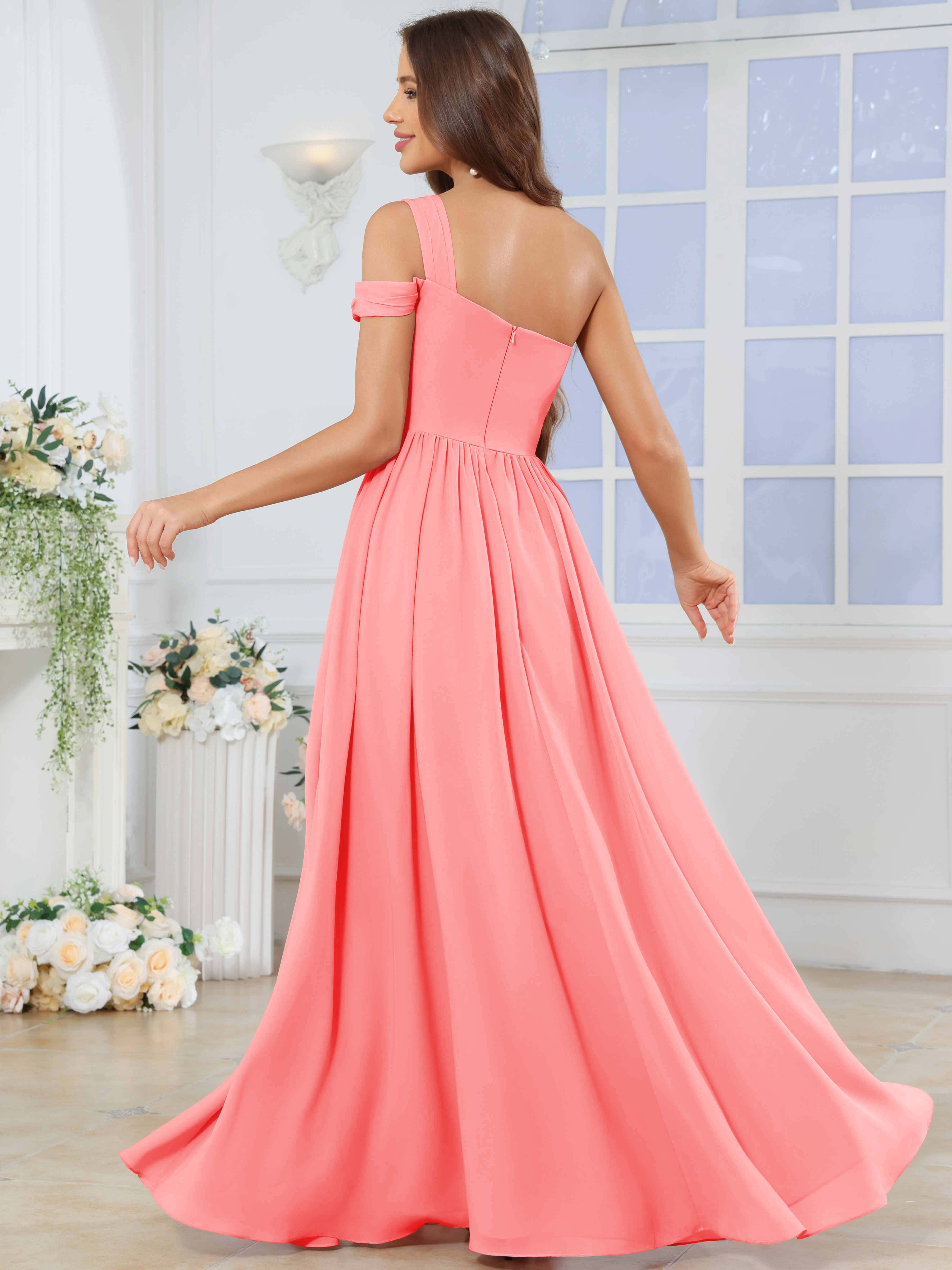 ROVDESY One Shoulder Pleated Chiffon Bridesmaid Dress With Slit