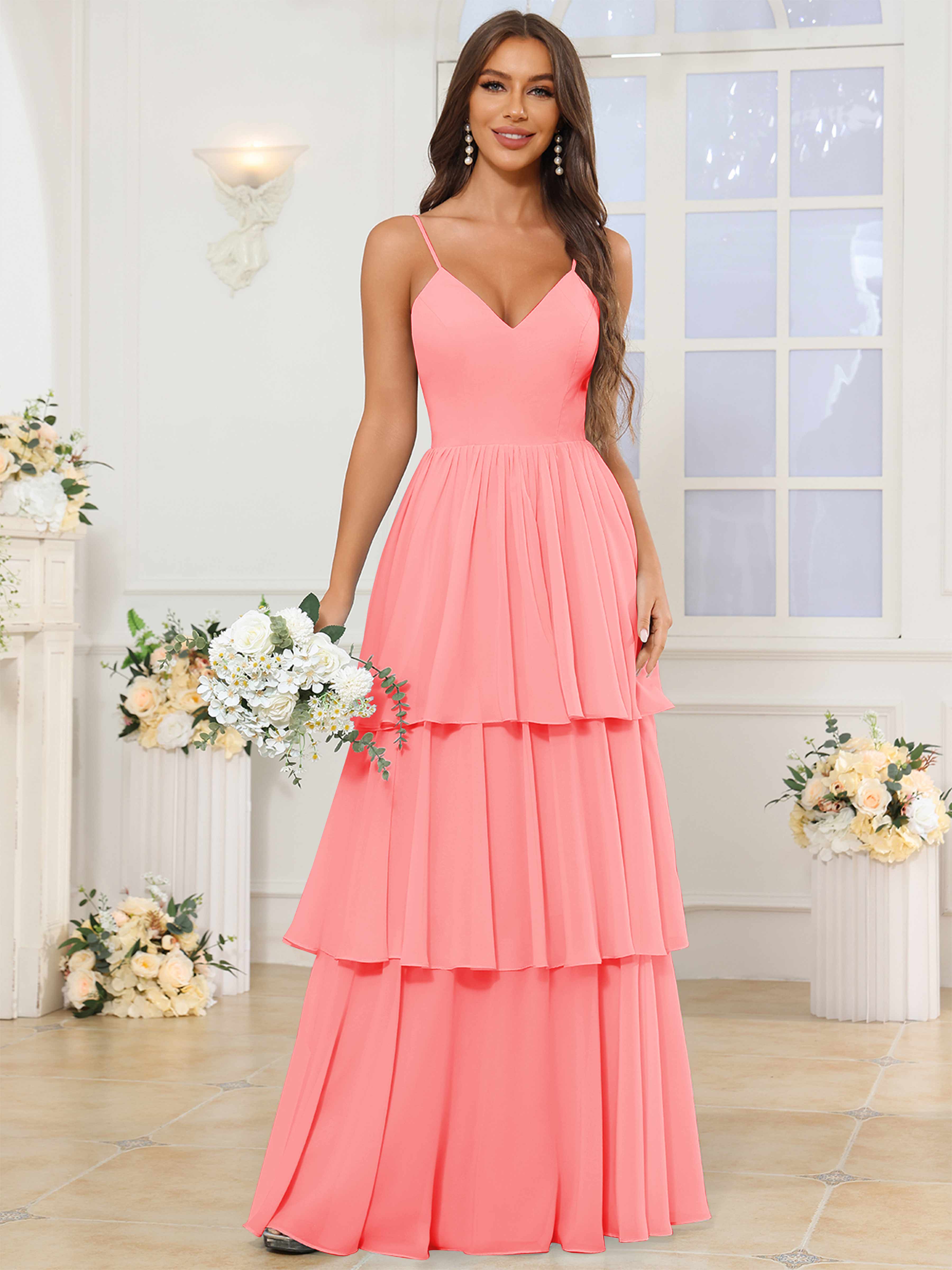 ROVDESY V-Neck Spaghetti Straps Tiered Chiffon Bridesmaid Dress With Ruffles