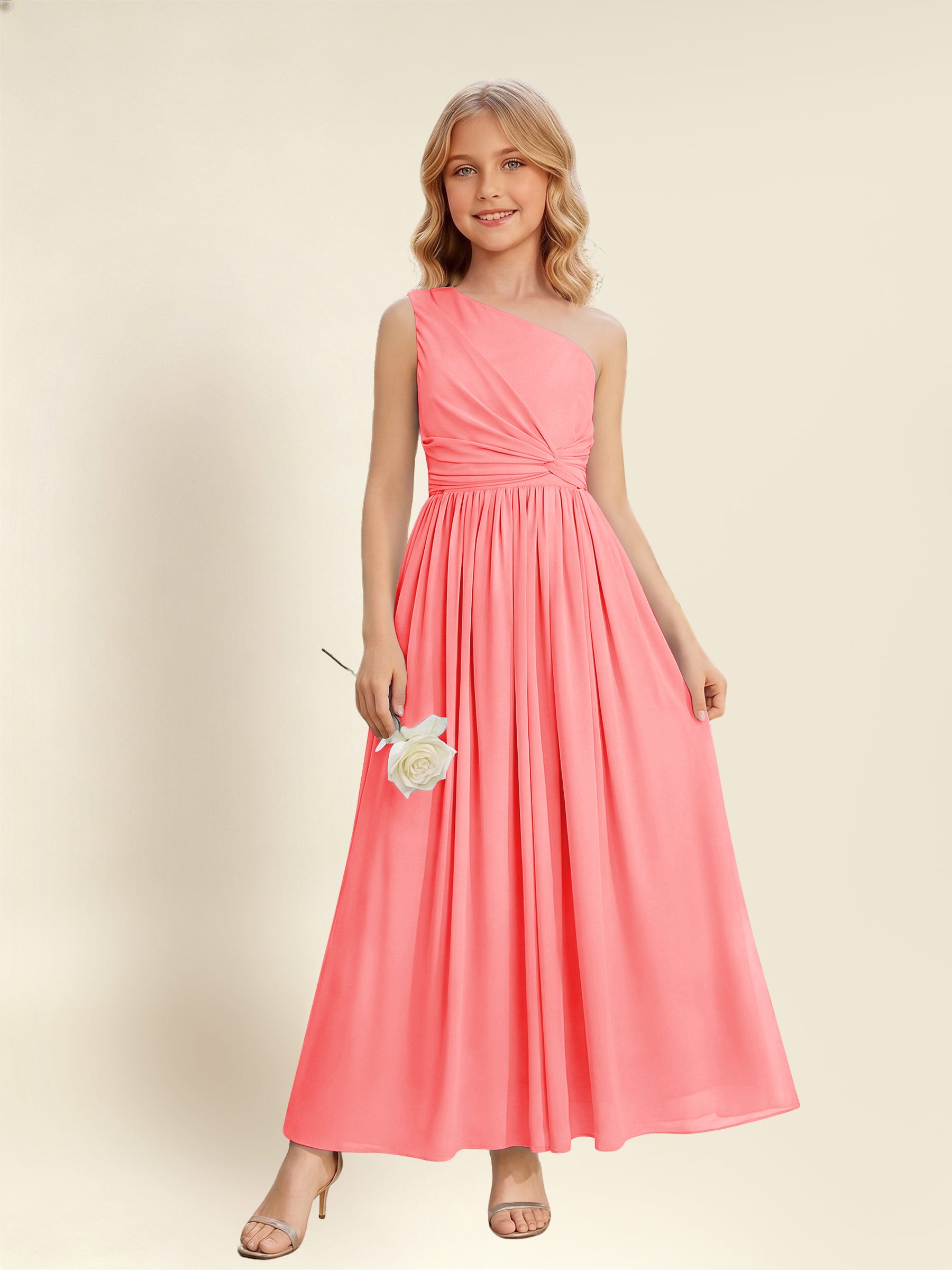 ROVDESY One Shoulder Twist Waist Chiffon Junior Bridesmaid Maxi Dress