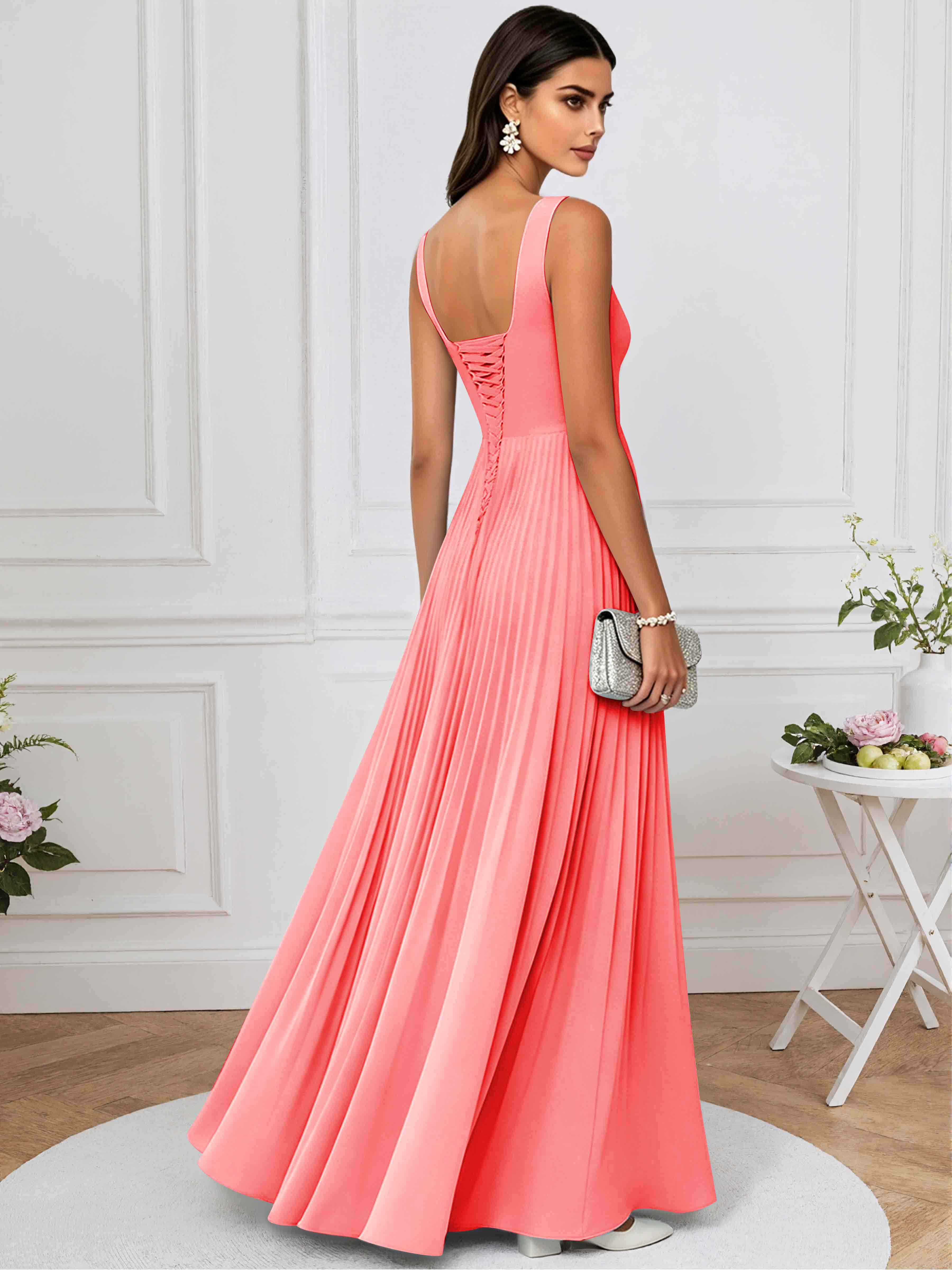 ROVDESY A-Line Square Neck Pleated Chiffon Long Bridesmaid/Prom Dress