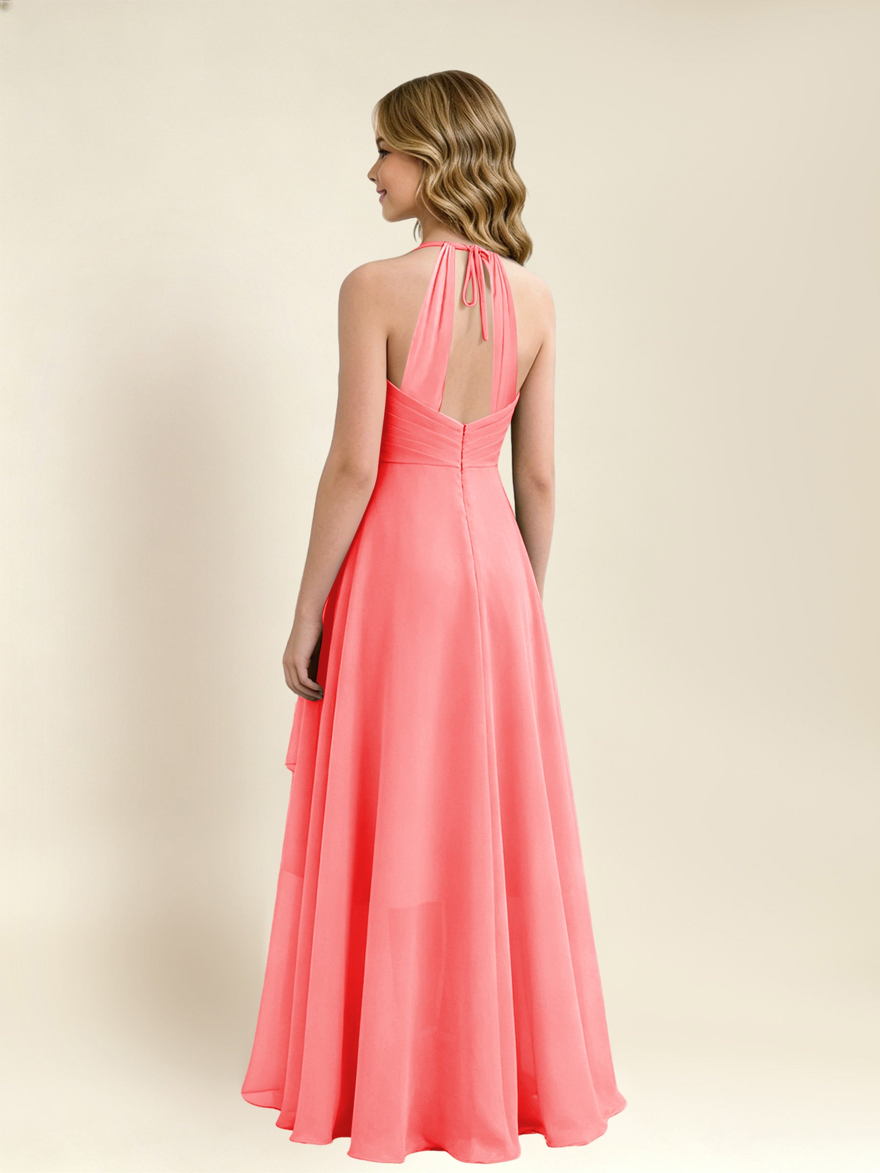 ROVDESY A-Line Halter Pleated Chiffon Junior Bridesmaid Dress
