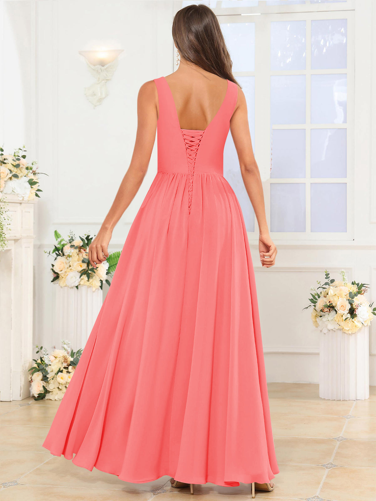 V Neck Chiffon A Line Bridesmaid Dress with Slit