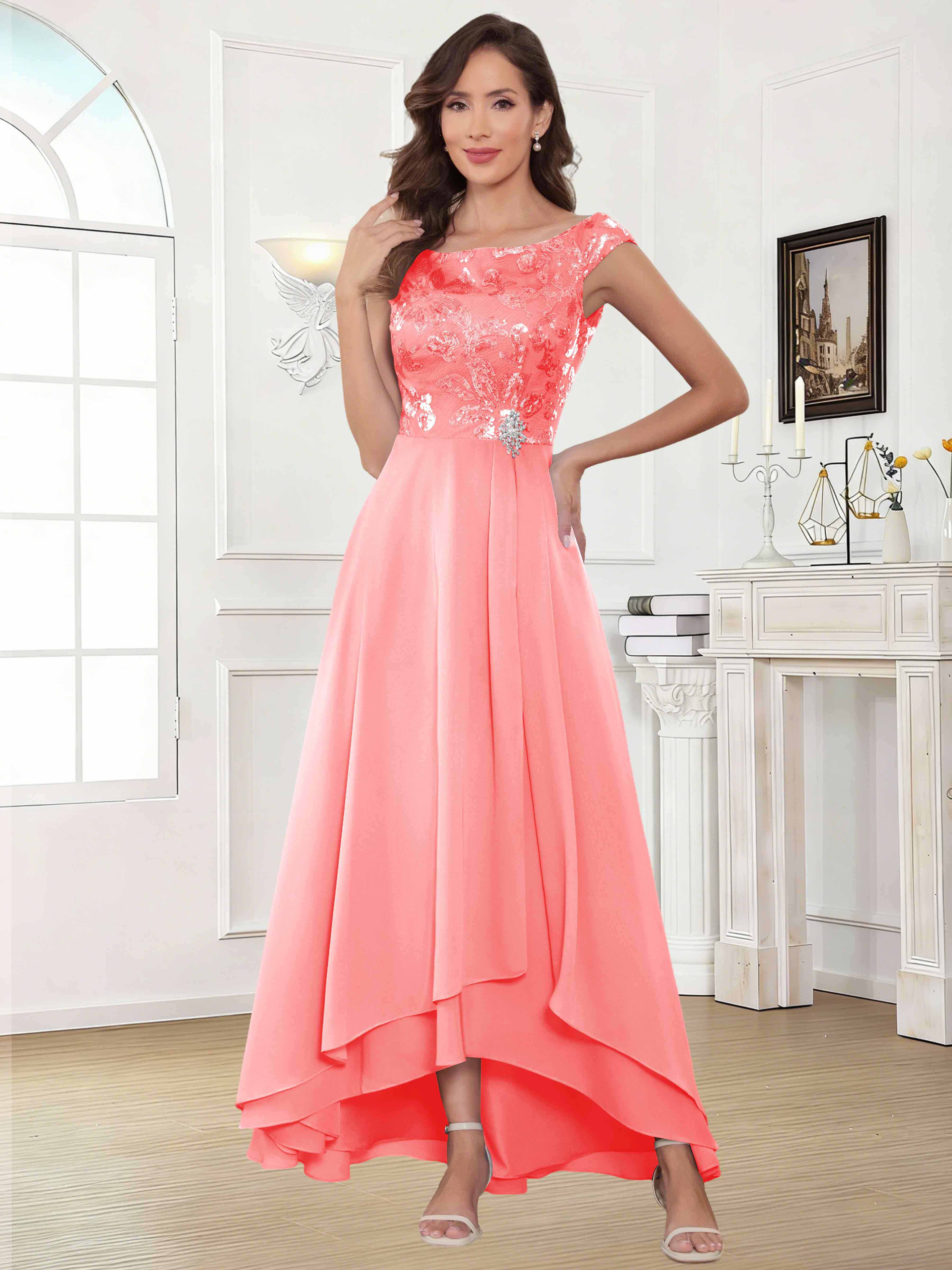 ROVDESY Tea Length Off-The-Shoulder Sequin Chiffon Mother Of The Bride Dress