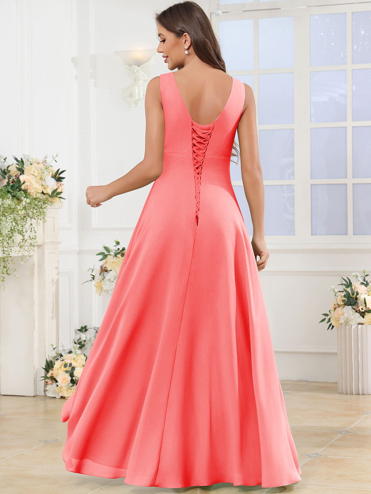 V Neck Chiffon A Line Ruffle Bridesmaid Dress with Slit