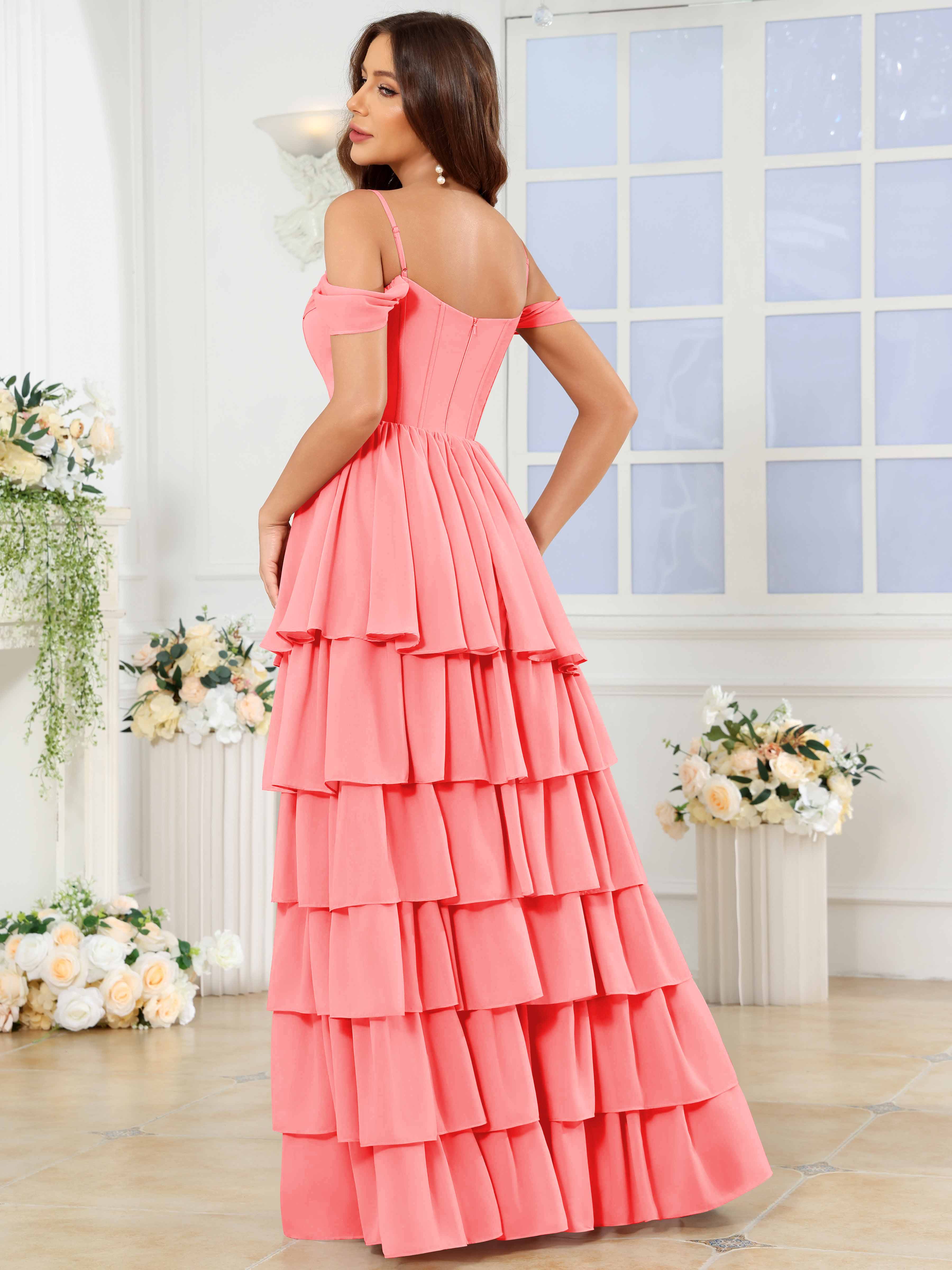 ROVDESY A-Line Off The Shoulder Tiered Chiffon Bridesmaid/Prom Dress With Slit